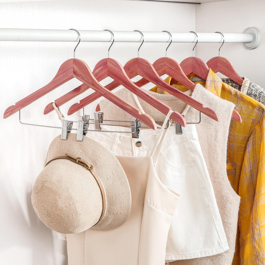 TOPIA HANGER Wooden Suit Hangers with Adjustable Metal Clips (10 Pack), Solid Wood Clothes Hangers, 360° Swivel Hook, Premium Retro Finish Pants Hangers for Clothes Coat, Jeans, Blouse-CT28A