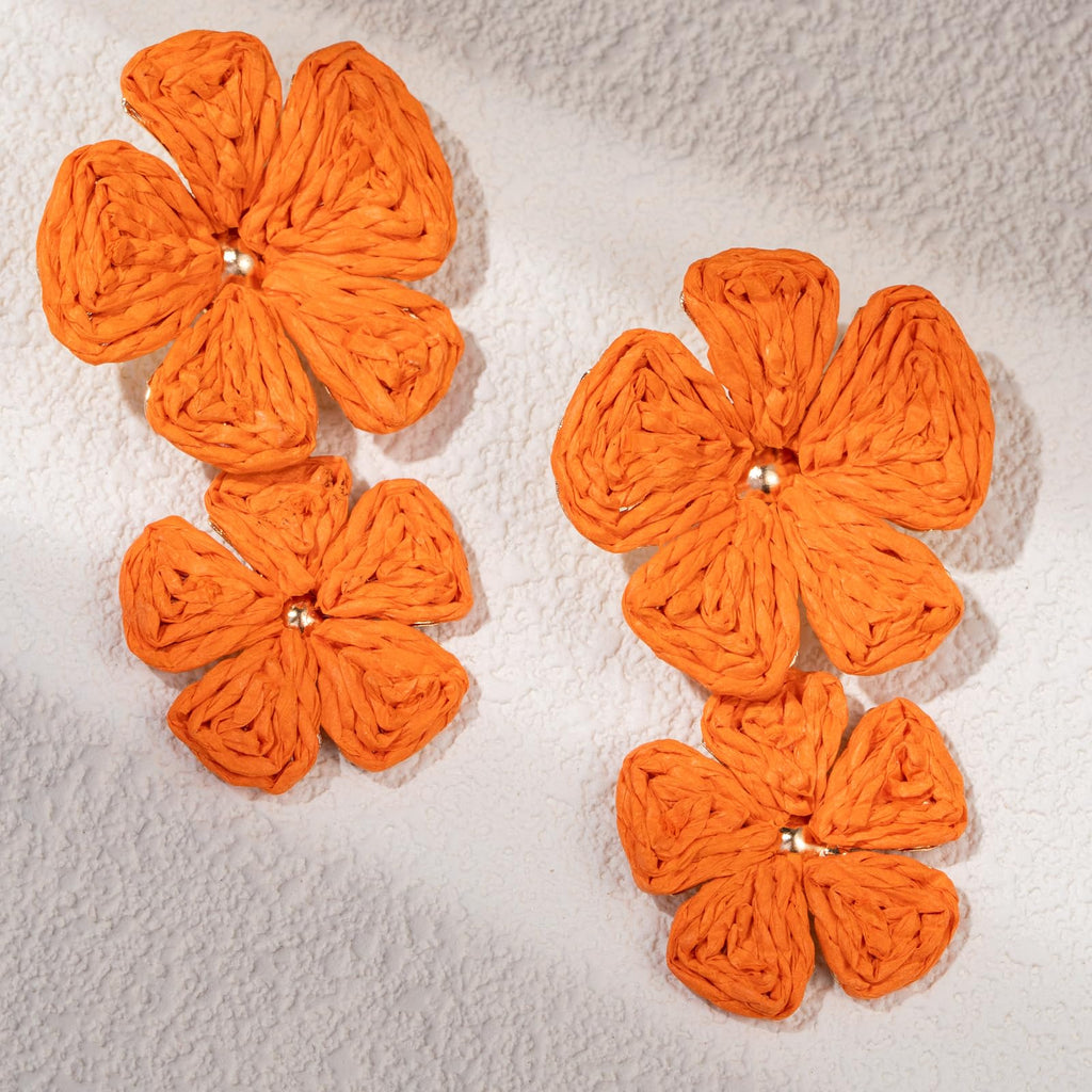 Boho Flower Earrings Statement Raffia Dangle Earrings Cute Floral Jewelry Trendy Summer Beach Vacation Outfits for Women