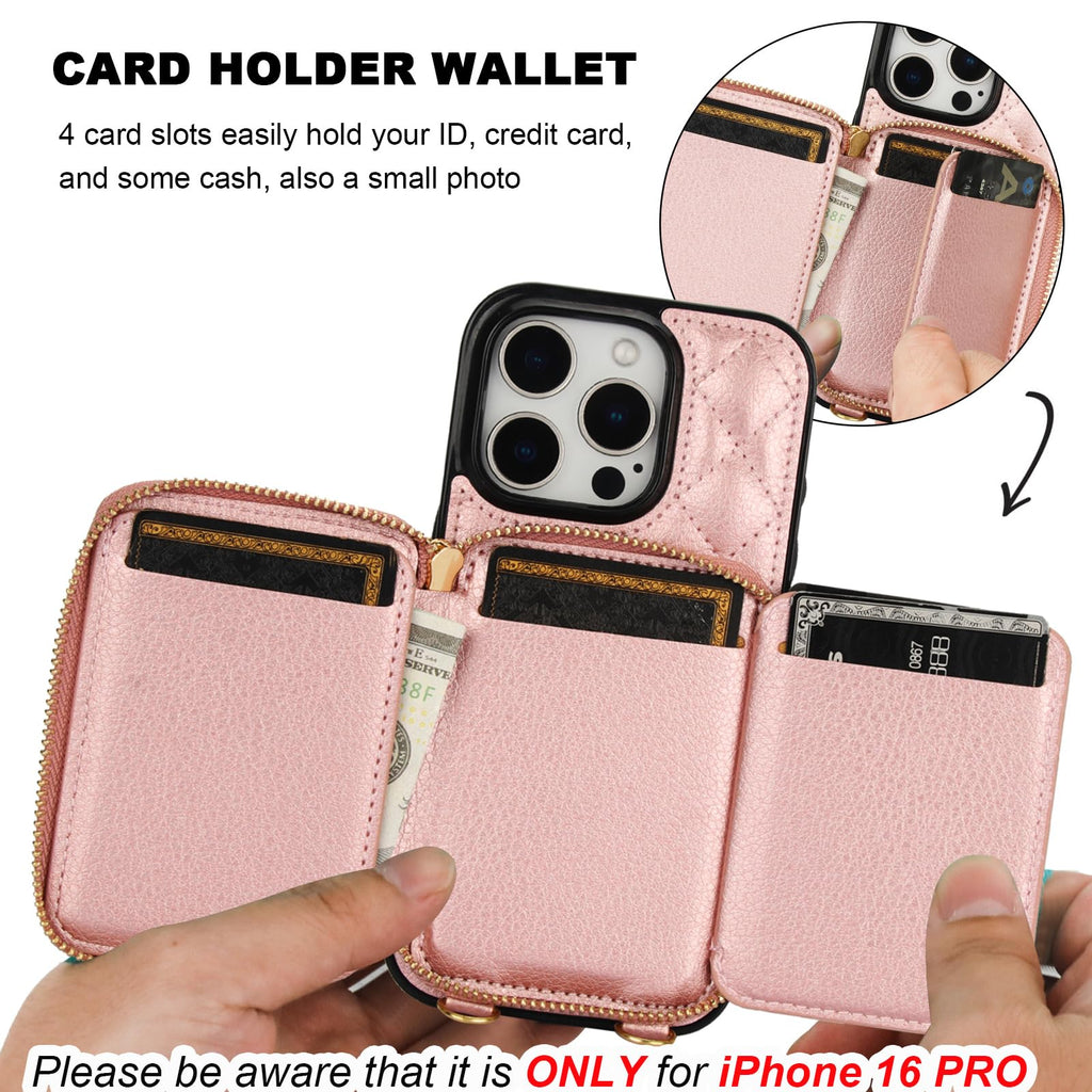Bocasal Crossbody Wallet Case for iPhone 16 Pro, RFID Blocking PU Leather Zipper Handbag Purse Flip Cover, Kickstand Folio Case with Card Slots Holder Wrist Strap Lanyard 5G 6.3 Inch (Black)