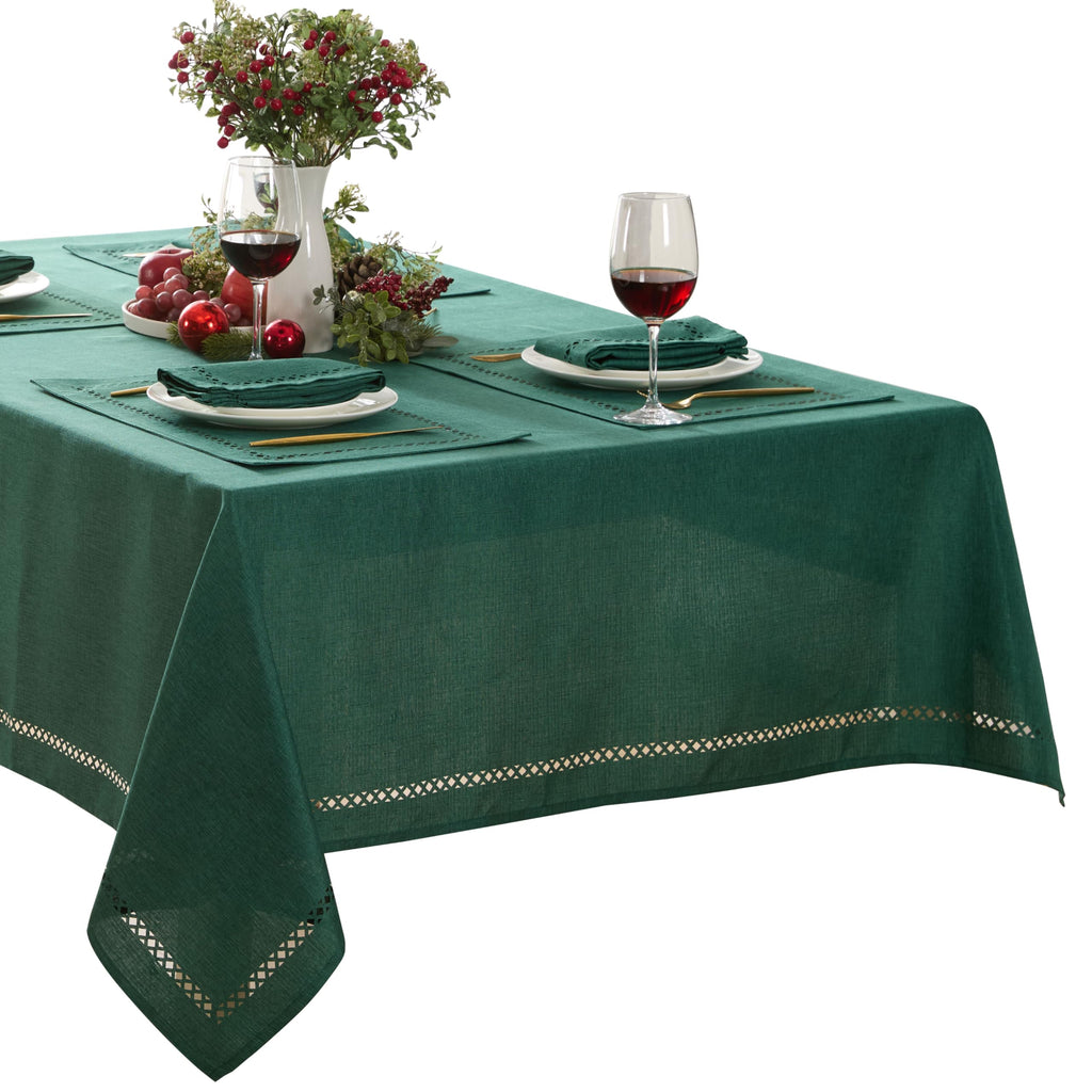 Newbridge Rectangle Fabric Placemats, Set of 4 Placemats, Provence Lattice Cutwork Solid Color Textured, Water and Stain Resistant Easy Care, Denim Blue
