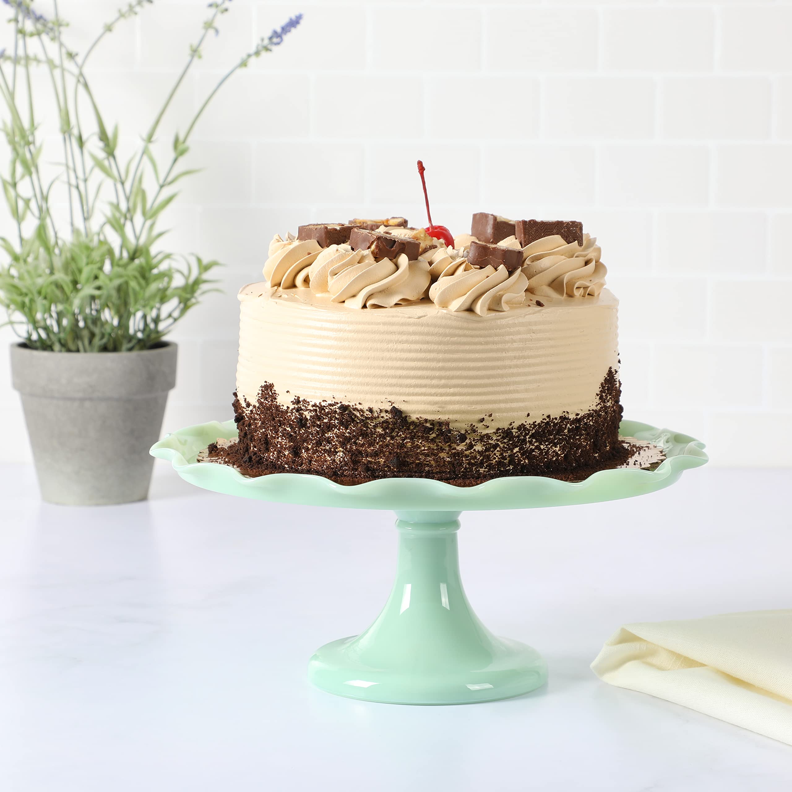 Martha Stewart Watercrest Glass Cake Stand, 10.2 Inch Footed Pedestal Cake Plate with Scalloped Ruffled Edge, Clear Handmade Glassware for Weddings, Parties, and Dessert Display
