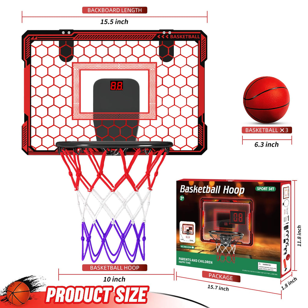 Molutsody Over The Door Basketball Hoop, for Kids (Blue) | Mini Hoop with LED Light & Scoreboard. Includes 3 Balls & Air Pump. Gifts for 4-12 Year Old Boys Girls