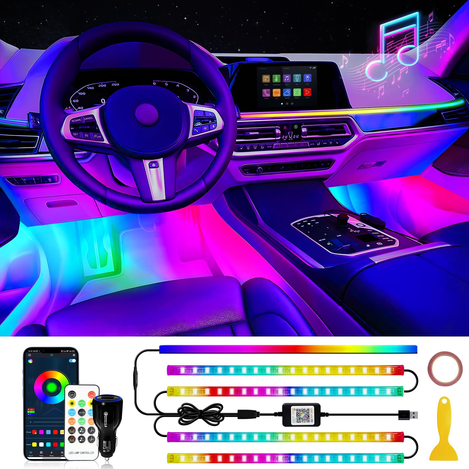 RGB Interior Car Strip Lights with Smart APP Control, Music Sync Under Dash Footwell Neon Internal Lighting Kit 2 Lines Design,12V LED Strip Lights for Cars, Trucks, SUVs with Car Charger(1 Set)