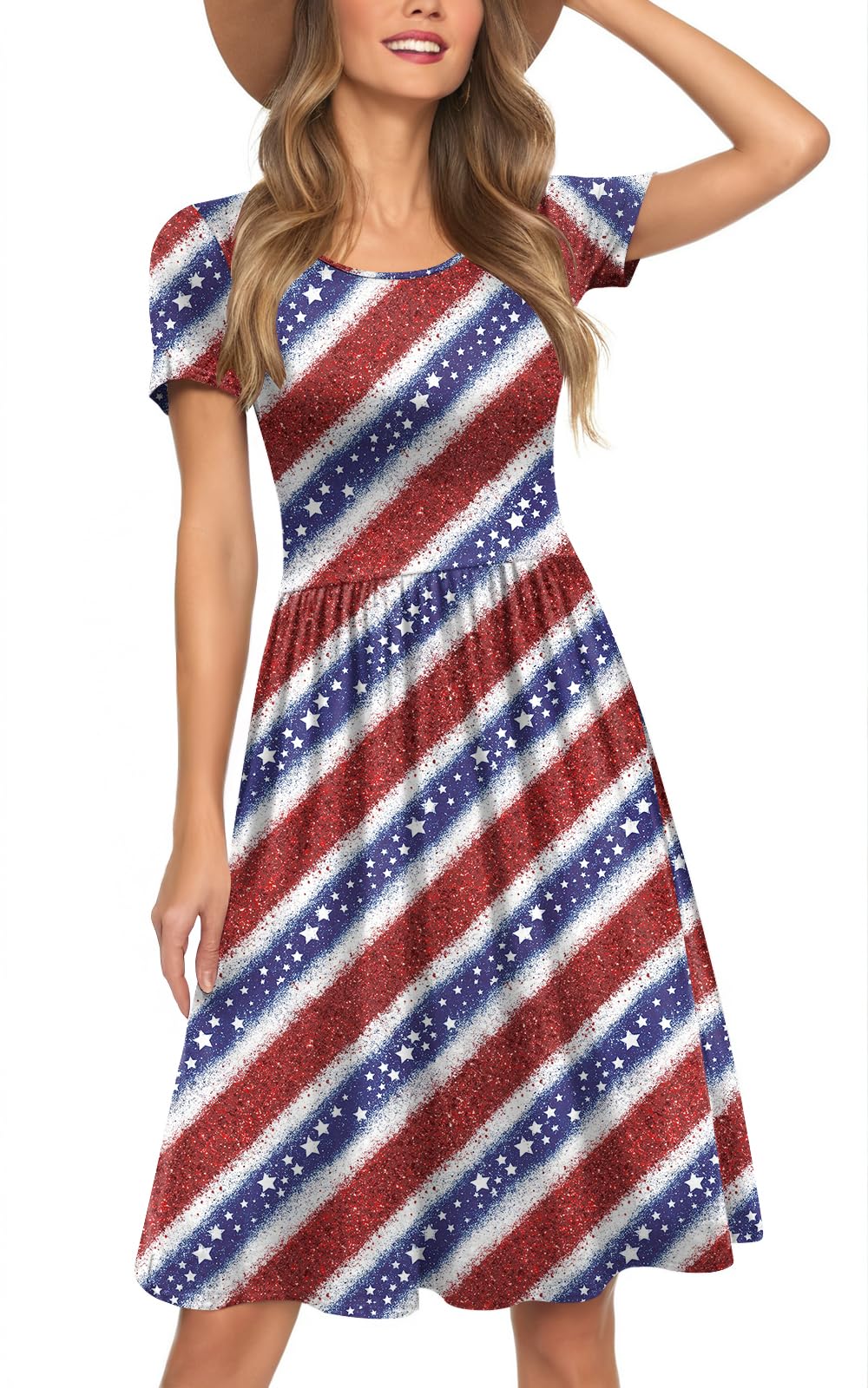 Womens Short Sleeve Empire Waist Dresses Casual Summer Dress with Pockets