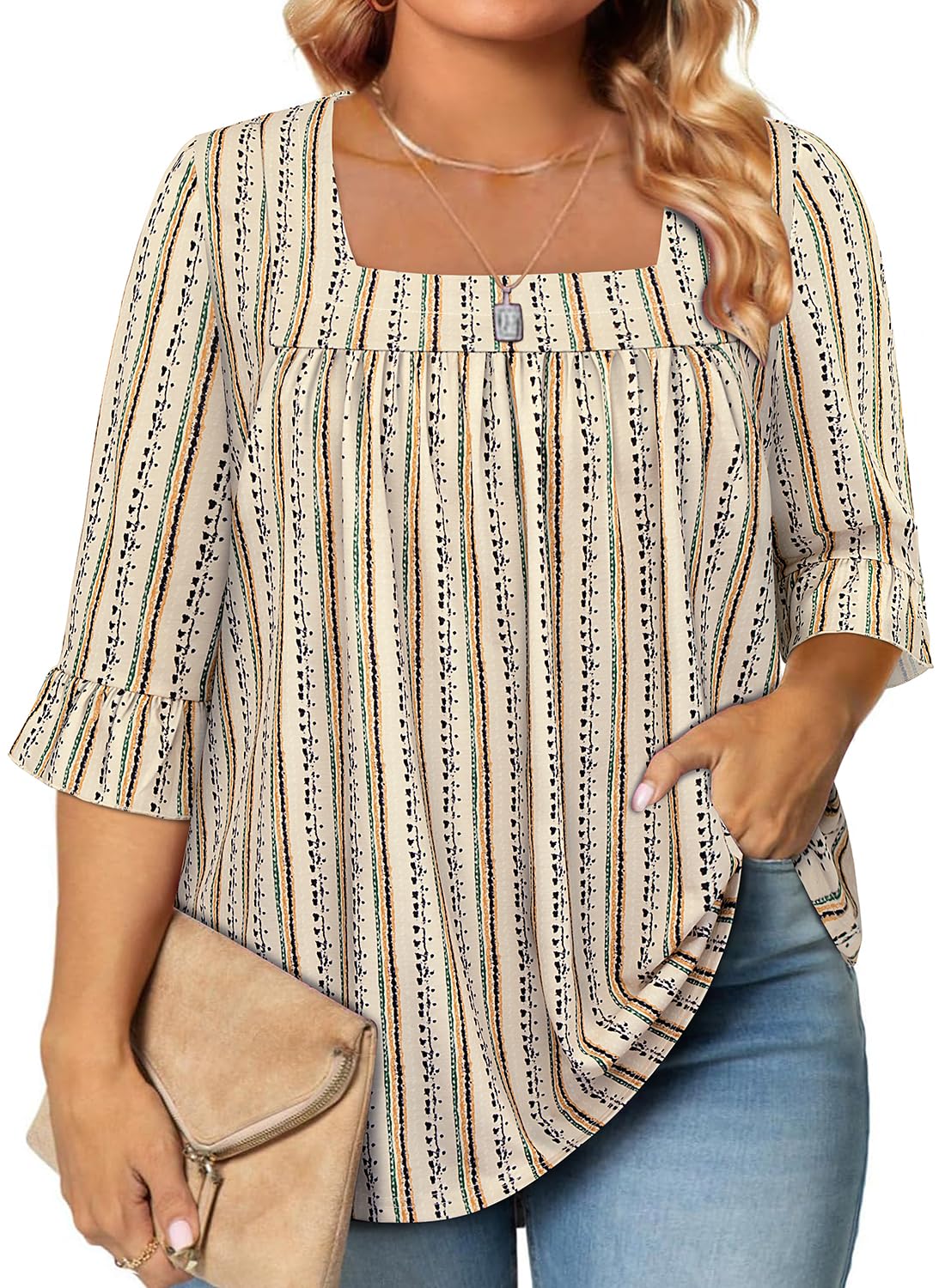Siddhe Womens Plus Size Tops Loose Fit 3/4 Ruffle Sleeve Blouses Square Neck T Shirt Casual Tunic Tops(1X-5X)