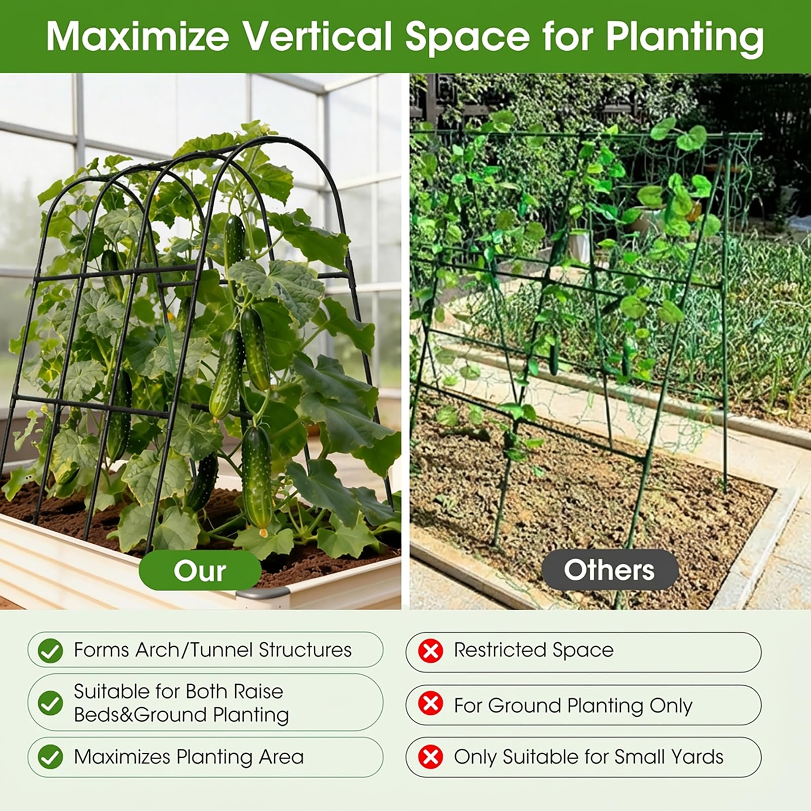 Cucumber Trellis for Raised Bed,U-Shape Garden Trellis for Climbing Plants Outdoor, Metal Arch Vegetables Trellis, Plant Support for Vine (Green, 31.5" Lx21.6 Wx47.2 H-Small)