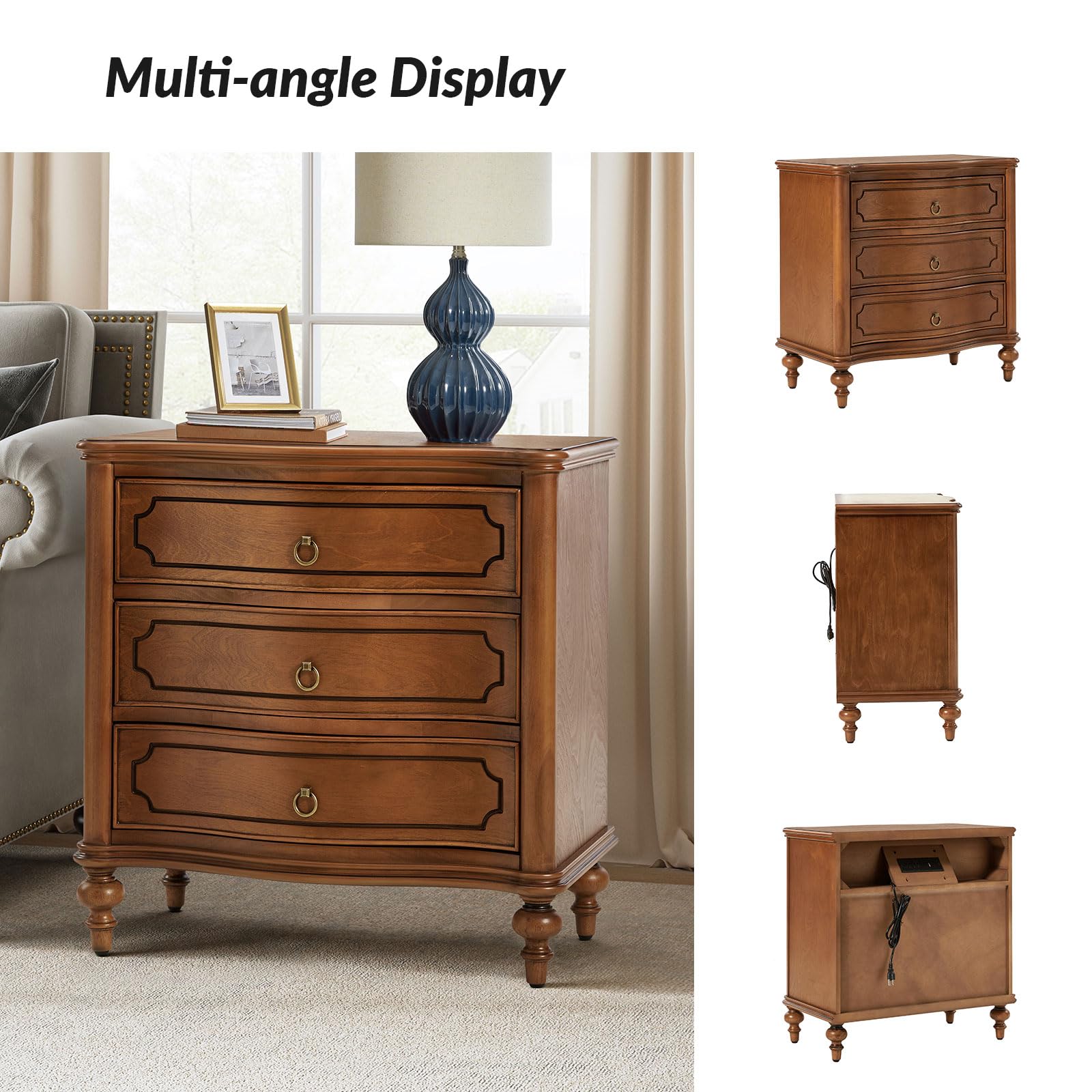 HULALA HOME Traditional Side Table with 3 Drawers, Tall Side Table with Curved Front Profle Desgin, Charging Station, Solid Wood Legs, Black