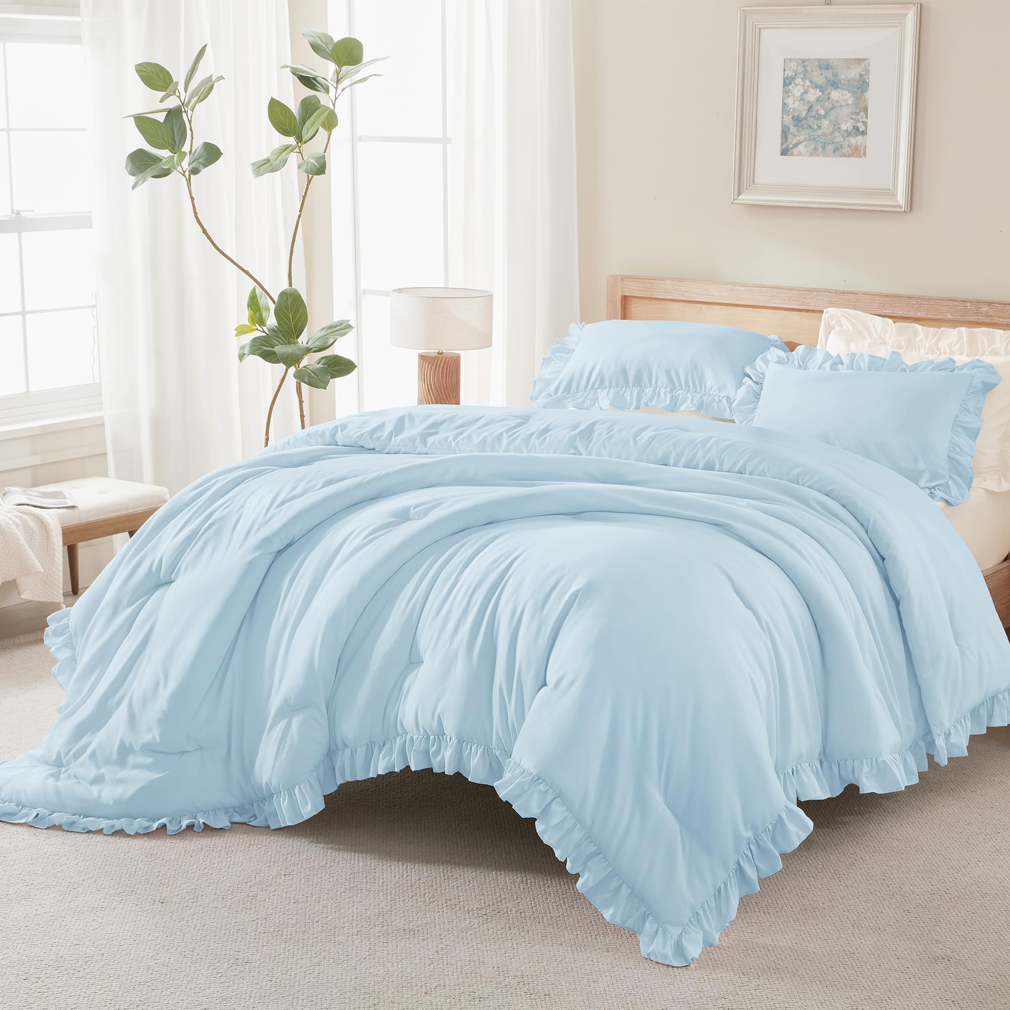 Andency Beige Twin Size Ruffle Comforter, 2 Pieces Farmhouse Shabby Classic Bed Set for Kids, Lighteweight Soft Polyester Bedding Set for Girls(1 Ruffle Comforter and 1 Pillowcase)