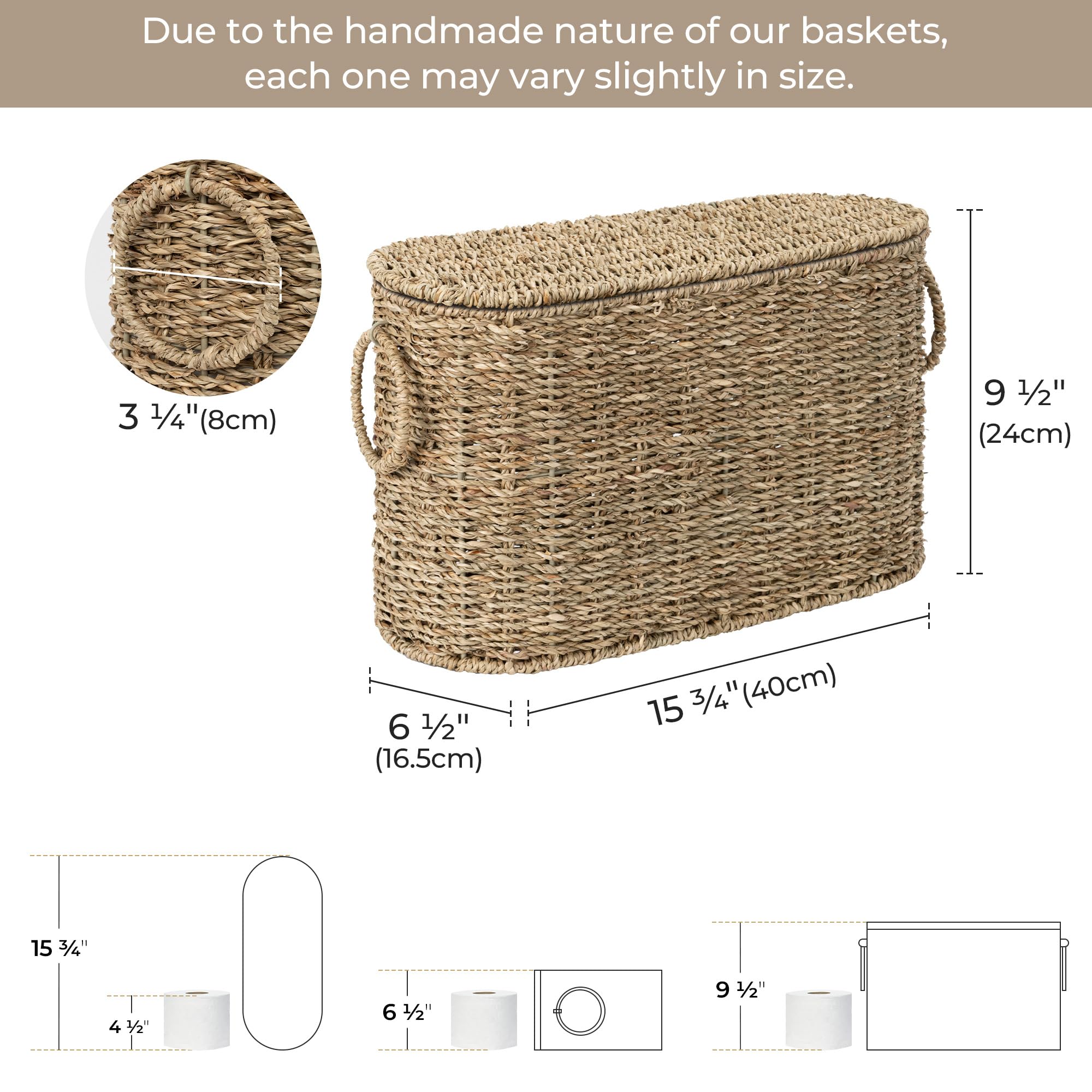 StorageWorks Bathroom Toilet Paper Storage Holder with Lid, Wicker Toilet Paper Basket for 6 Regular Rolls, Slim Basket Organizer with Handles, Water Hyacinth Storage Baskets for Bathroom, Brown