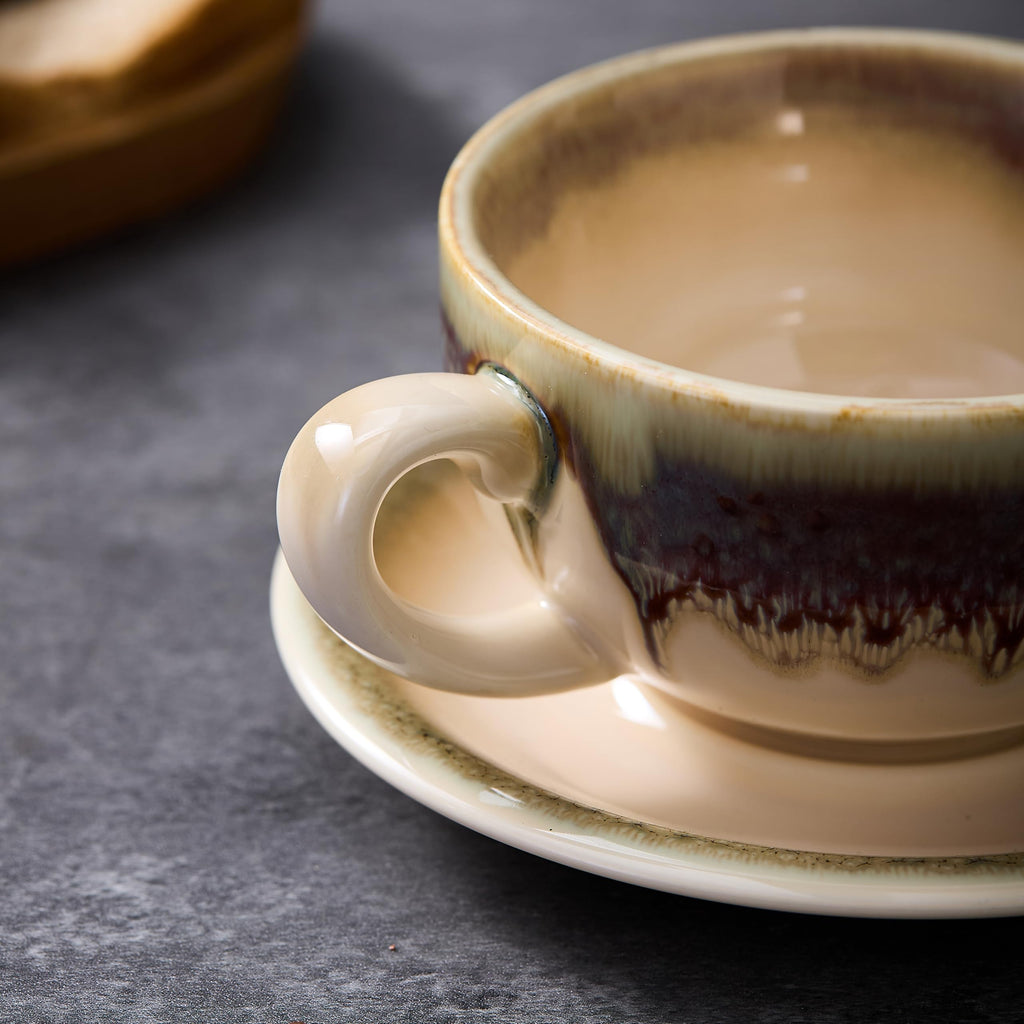 Coffeezone Vintage Design 12 oz Ceramic Latte Art Cappuccino Barista Cup with Saucer (Beige)
