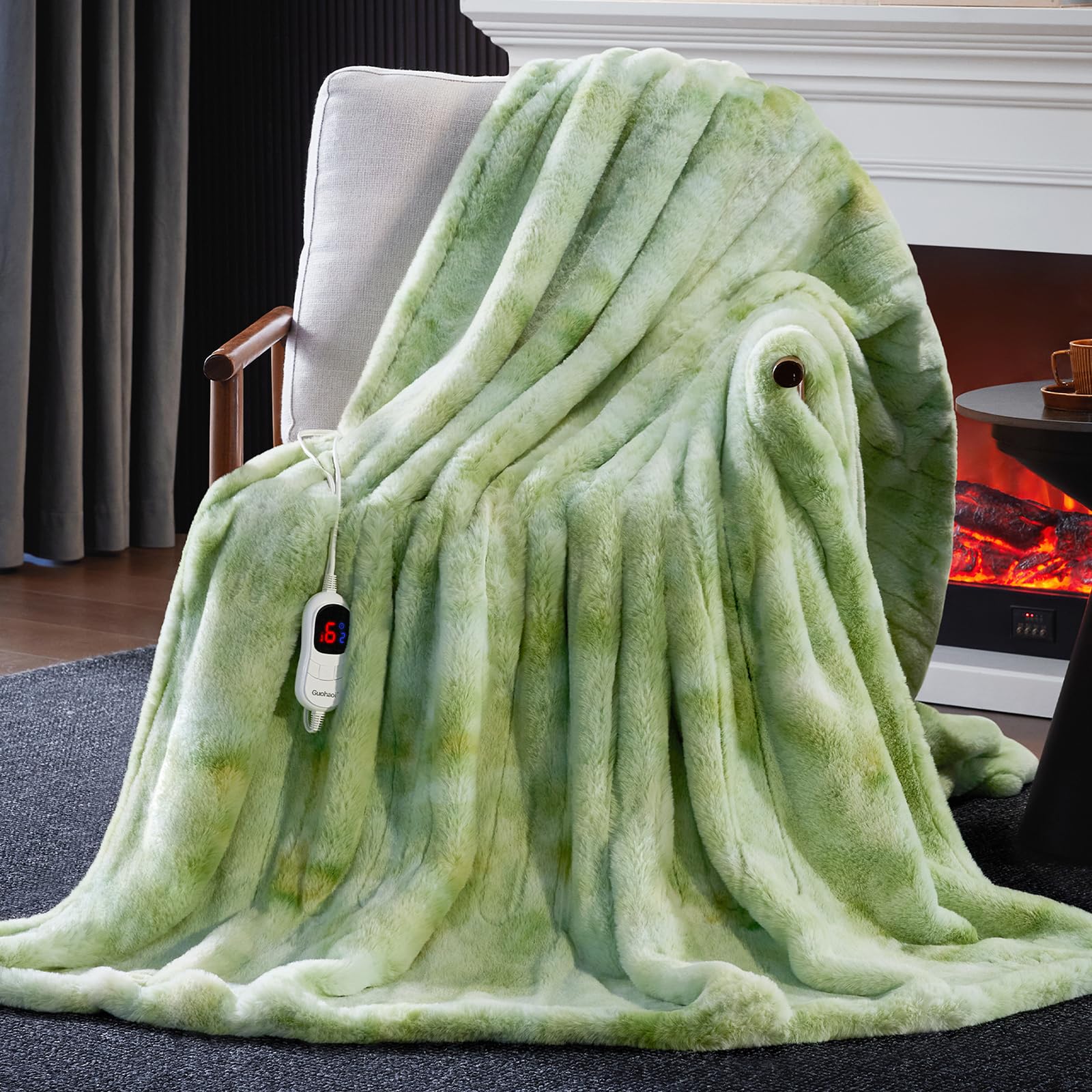 Guohaoi Heated Blanket Electric Throw, Soft Faux Rabbit Fur Electric Blanket with 10 Heating Levels 5 Sitting Timer Auto Off, Cozy Warm Heating Blankets, Machine Washable(50"×60" Beige)