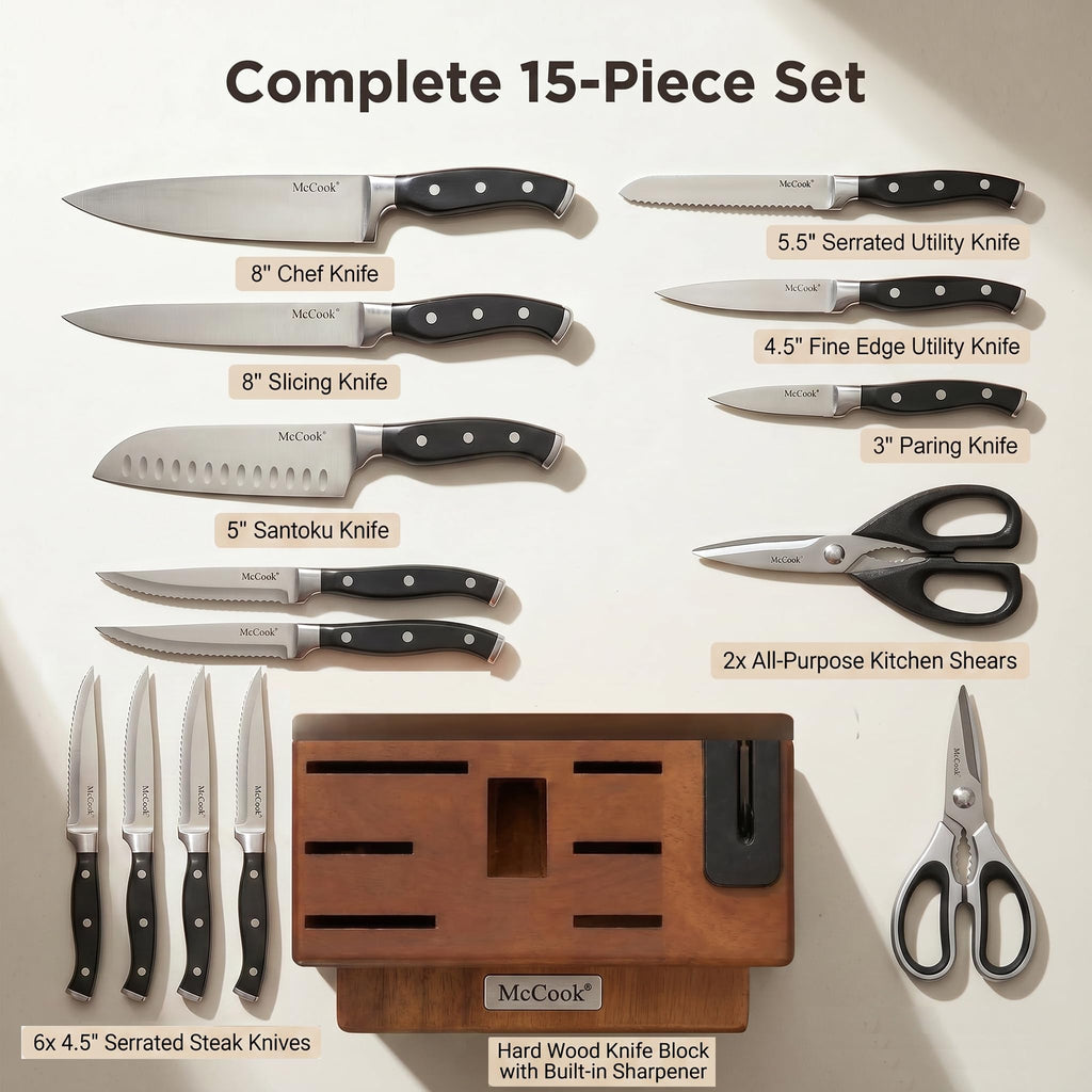 McCook® Knife Sets,German Stainless Steel Kitchen Knife Block Set with Built-in Sharpener, 20-Piece Razor-Sharp Kitchen Knives, Forged Triple Rivet,Full Tang,Ergonomic Handle,Elegant Box for Gift