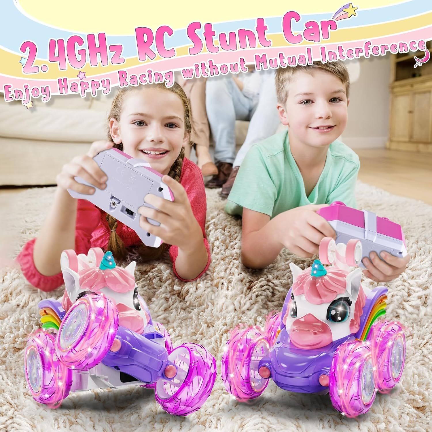 Kikikid Unicorn Remote Control Car for Girls, 360° Rotating 4WD Stunt RC Cars with Cute Lights, Rechargeable Car Toys Birthday Gifts for Kids Girl Age 3 4-6 6-8