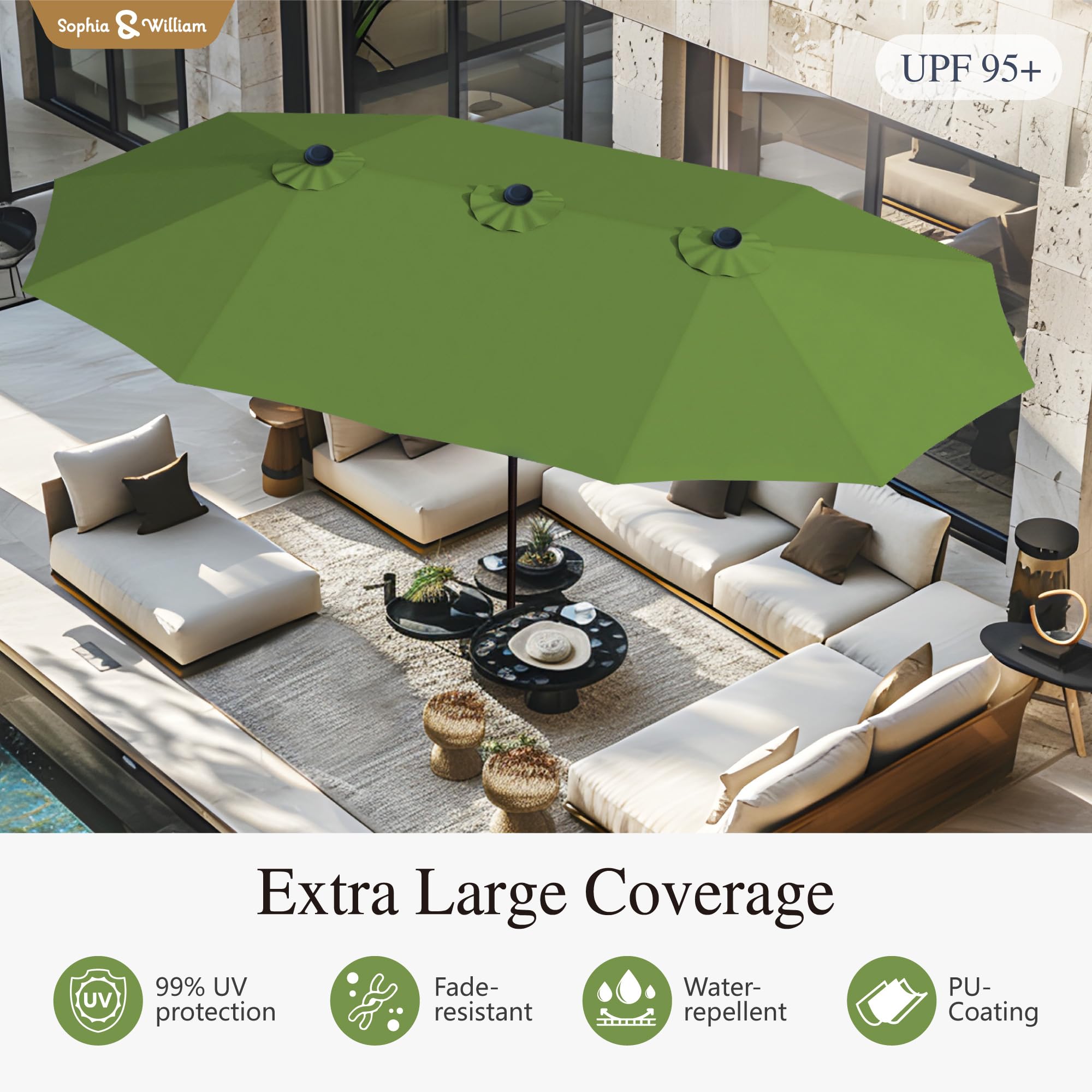 Sophia & William 15 ft Extra Large Patio Umbrella with Base Included, Rectangular Outdoor Umbrella Heavy Duty, Market Umbrella Double-sided Fade Resistant for Pool Garden Backyard, Beige