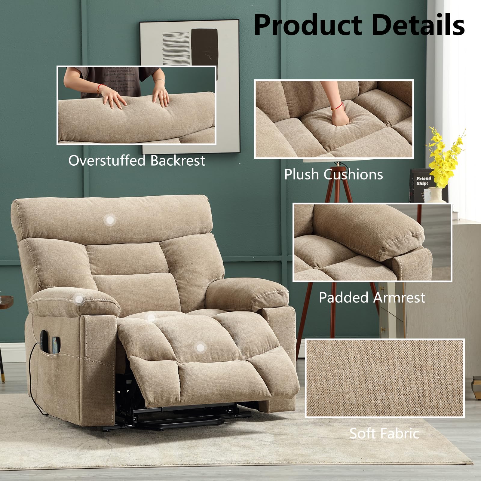 CANMOV Dual Motor Power Lift Recliner Chair for Elderly, 27" Extra-Wide Seat 450 lbs Weight Capacity Infinite Position Adjustment, with Heated Massage, Cup Holders and USB Port, Camel Fabric