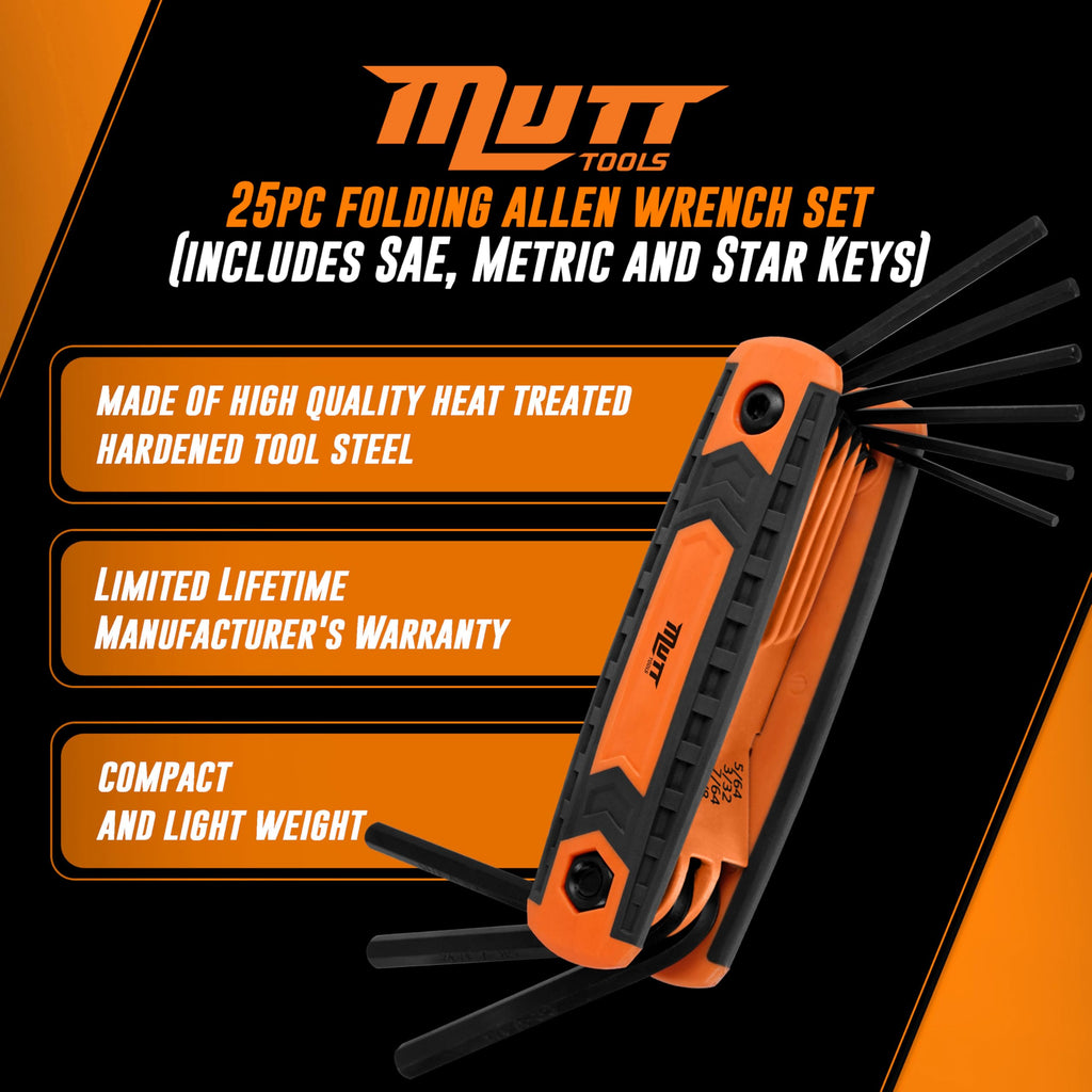 Mutt Tools 17pc Folding Allen Key Set - SAE & Metric Hex Wrench Set with Color-Coding - Compact Allen Wrench Tool for Bikes, DIY, Archery - Keys with Size Markings