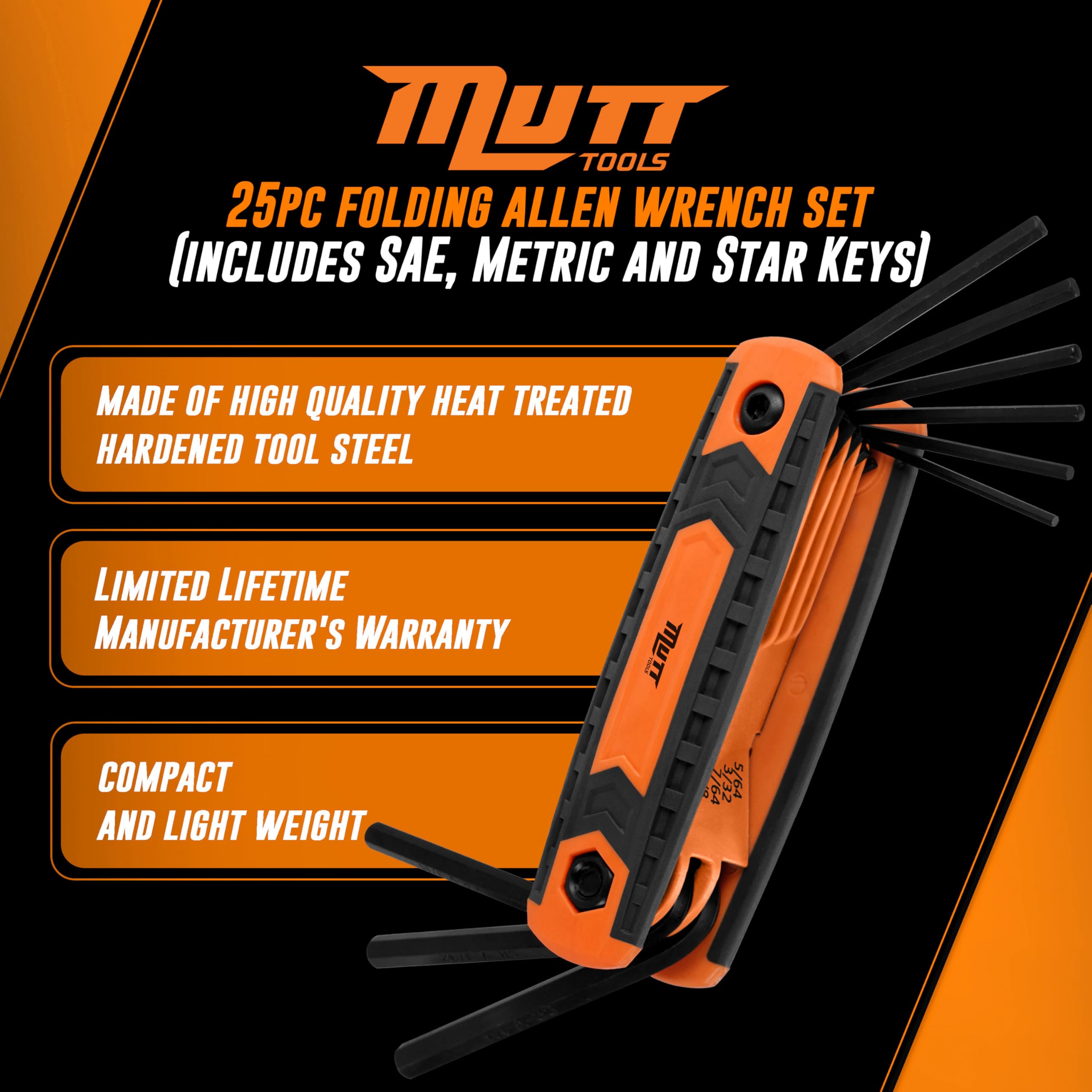 Mutt Tools 17pc Folding Allen Key Set - SAE & Metric Hex Wrench Set with Color-Coding - Compact Allen Wrench Tool for Bikes, DIY, Archery - Keys with Size Markings