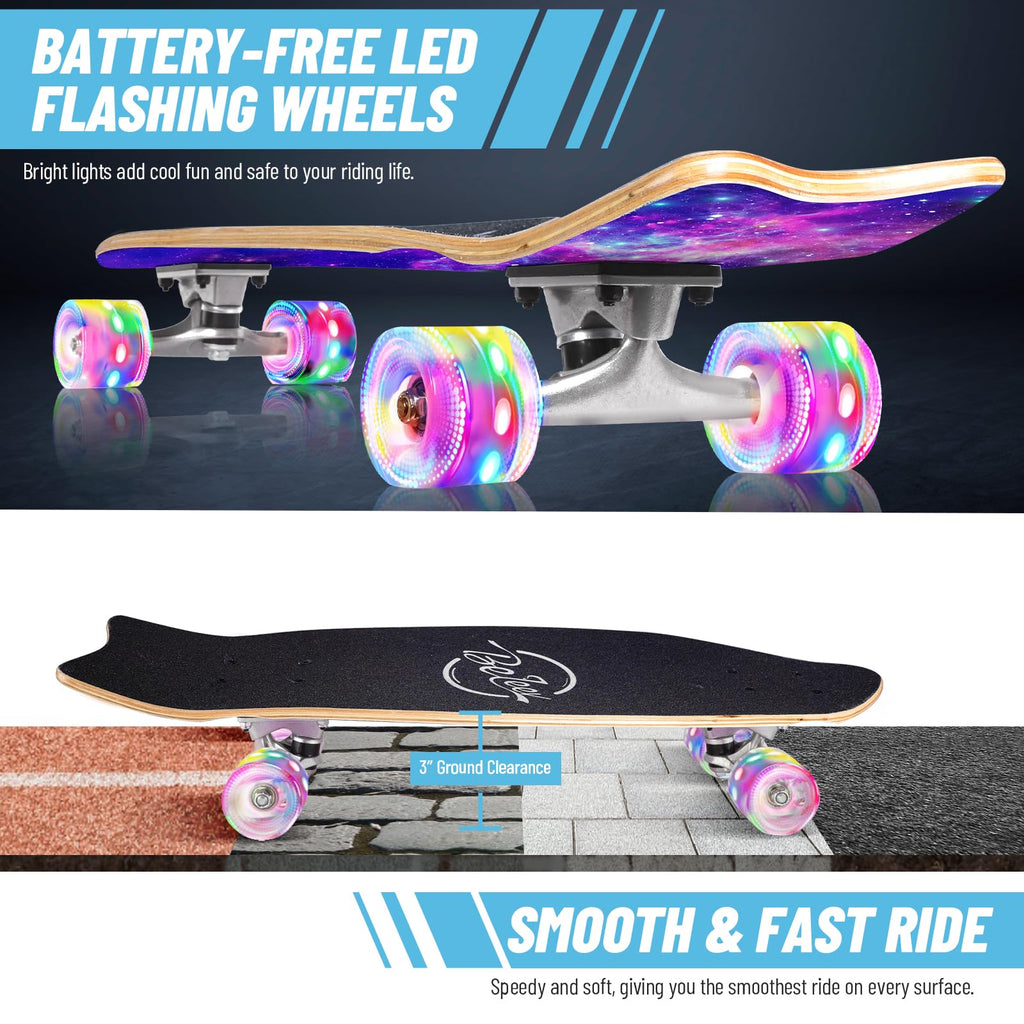 BELEEV Cruiser Skateboards for Beginners, 27 x 8 inch Complete Skateboard for Kids Teens Adults, 7 Ply Canadian Maple Double Kick Deck Concave Skateboard with Skate T-Tool