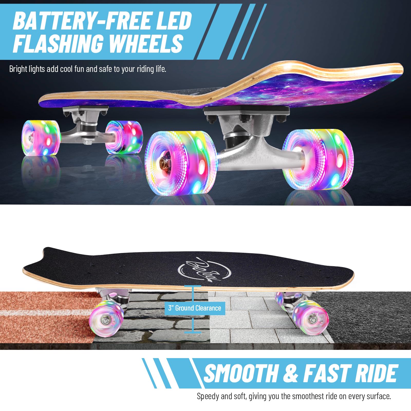 BELEEV Cruiser Skateboards for Beginners, 27 x 8 inch Complete Skateboard for Kids Teens Adults, 7 Ply Canadian Maple Double Kick Deck Concave Skateboard with Skate T-Tool