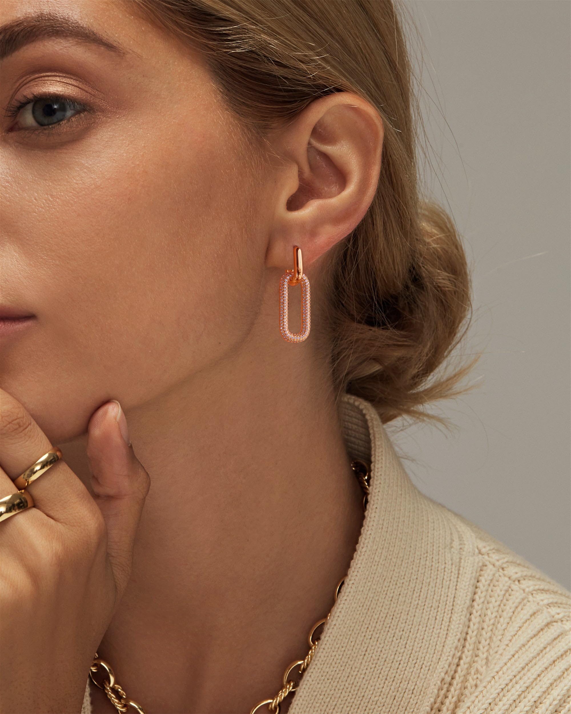 Gold Earrings for Women Trendy, Simple Dainty 14K Gold Plated Paperclip Square Chain Link Dangle Hoops Earrings Pin Stud Huggie Earrings Lightweight Hypoallergenic Minimalist Aesthetic Gold Jewelry for Christmas Gifts