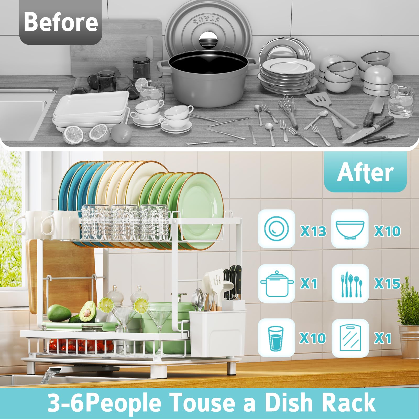 Dish Drying Rack, 2 Tier Space-Saving Dish Rack, Multifunctional Dish Drainer for Kitchen Counter with Drainboard/Utensil/Cup Holder Rustproof Carbon Steel, Black
