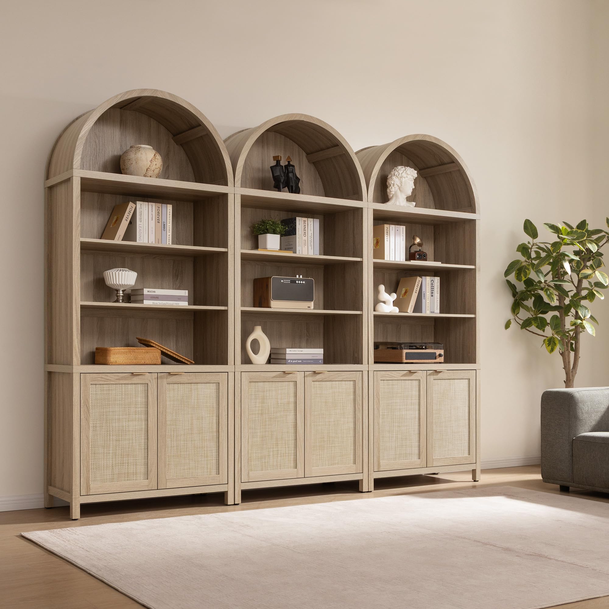 SICOTAS Book Shelf Arched Cabinet Bookshelf Arch 84.2" Tall Bookcase 5 Tier Large Bookshelves with Doors Storage Rattan Boho Wide Book Shelves Case for Living Room Kitchen Office Bedroom Library