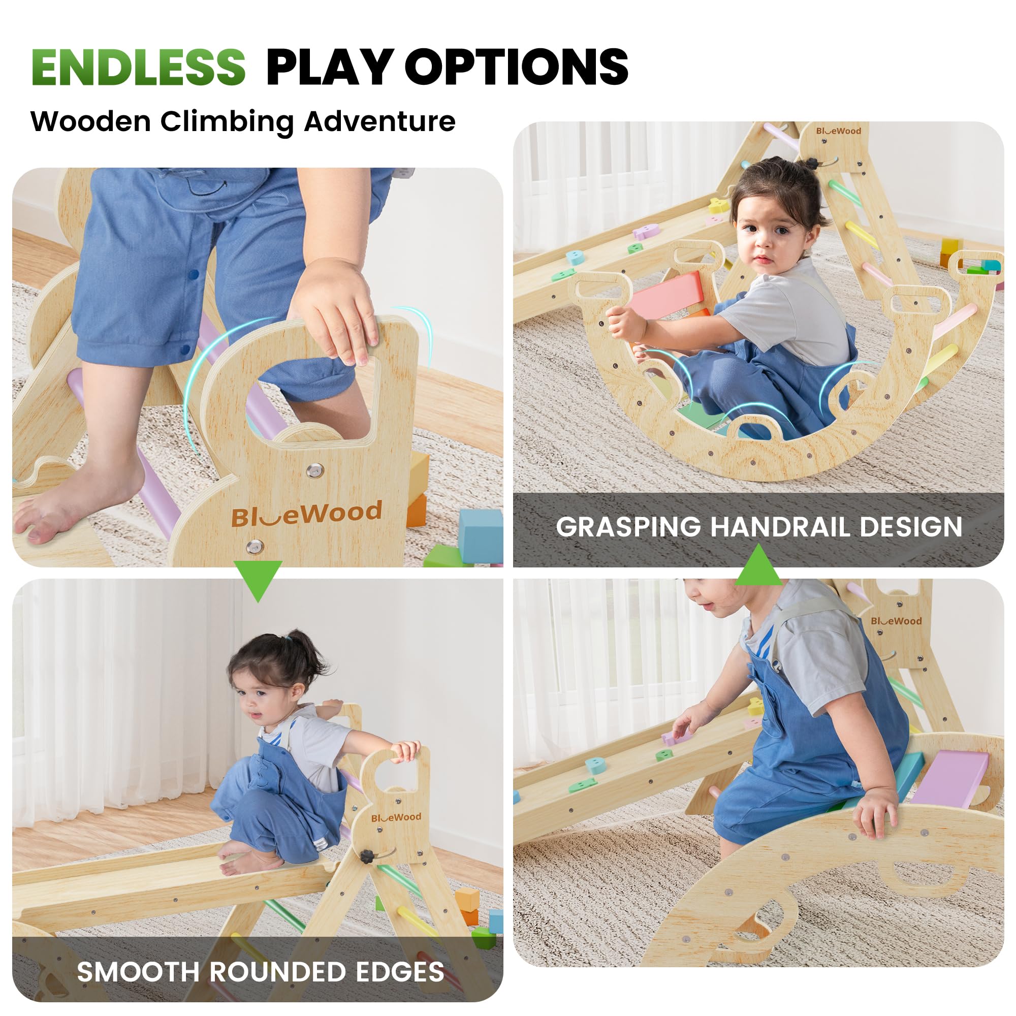 BlueWood Pikler Triangle Set with Safe Handle, Foldable 7-in-1 Montessori Toddler Climbing Toys Indoor, Wooden Pickler Climbing Set, Baby Jungle Gym & Playground, Climbing Toys for 1-3 Year, Colorful