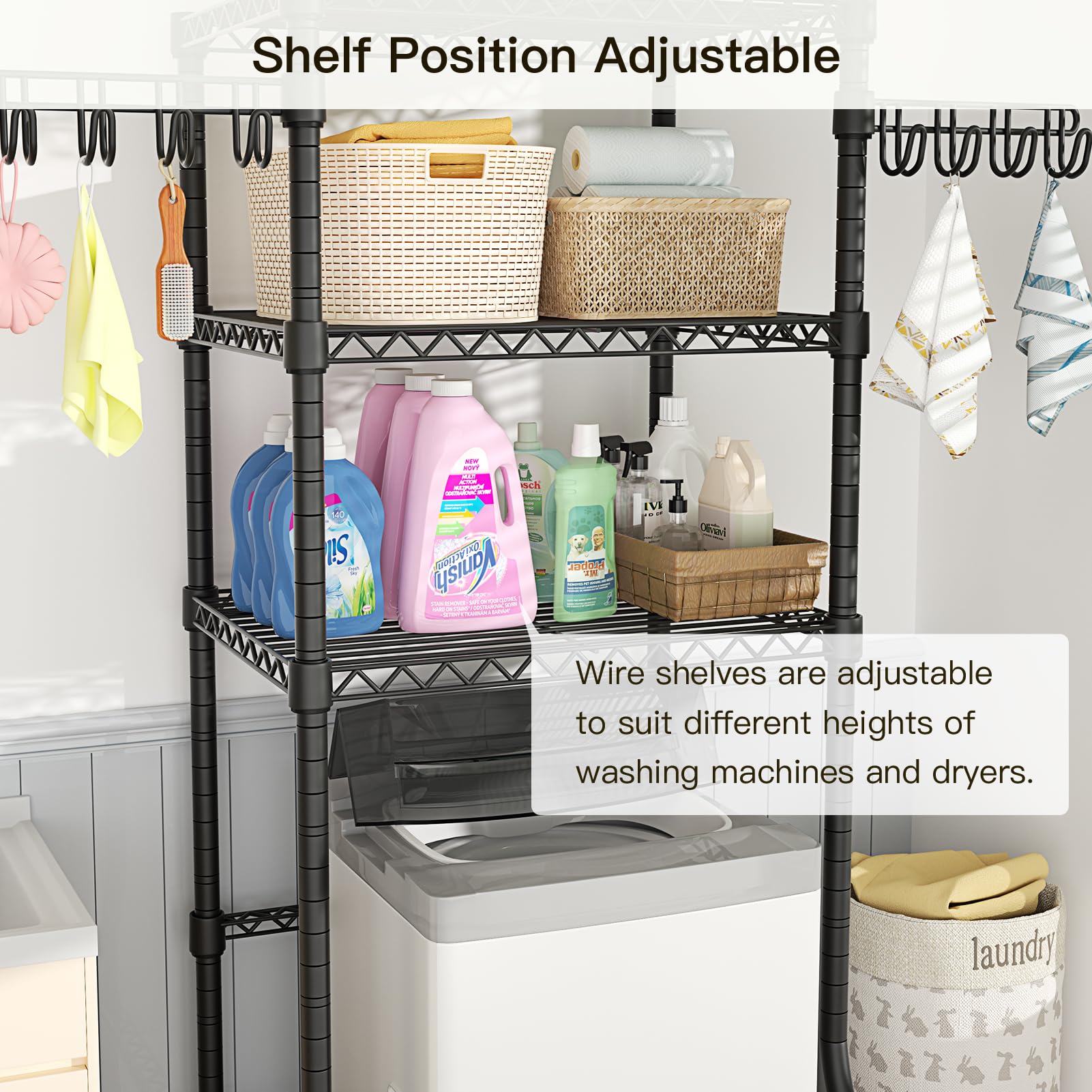 Ulif U8 Medium Laundry Room Storage Organizer, Over the Washer and Dryer Storage Shelves for Laundry Organization, 32.3”W x 17.3”D x 76.2”H, Suit Washing Machine Width within 29.9”, Hold 304 lb, Black