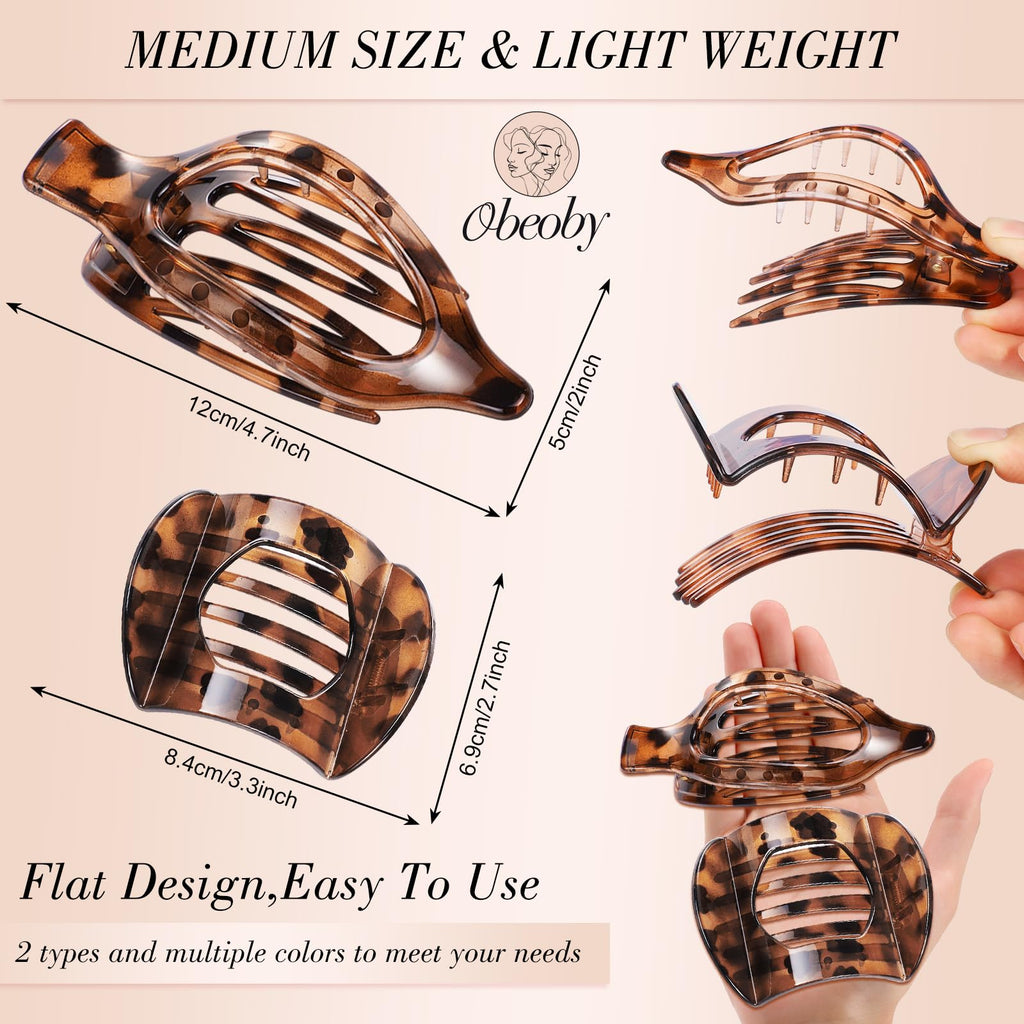 Obeoby 8 Pcs Flat Claw Clips for Women, Strong Hold French Flat Hair Clips for Thick Thin Hair Barrettes Accessories Round Large Medium (Tortoiseshell)