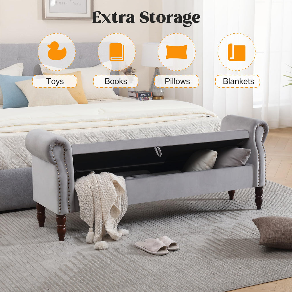 Storage Bench for Bedroom, 67" End of Bed Bench King Size, Velvet Bedroom Bench with Storage, Upholstered Tufted Storage Ottoman Benches with Arms for Bedroom, Entryway, Living Room, Beige