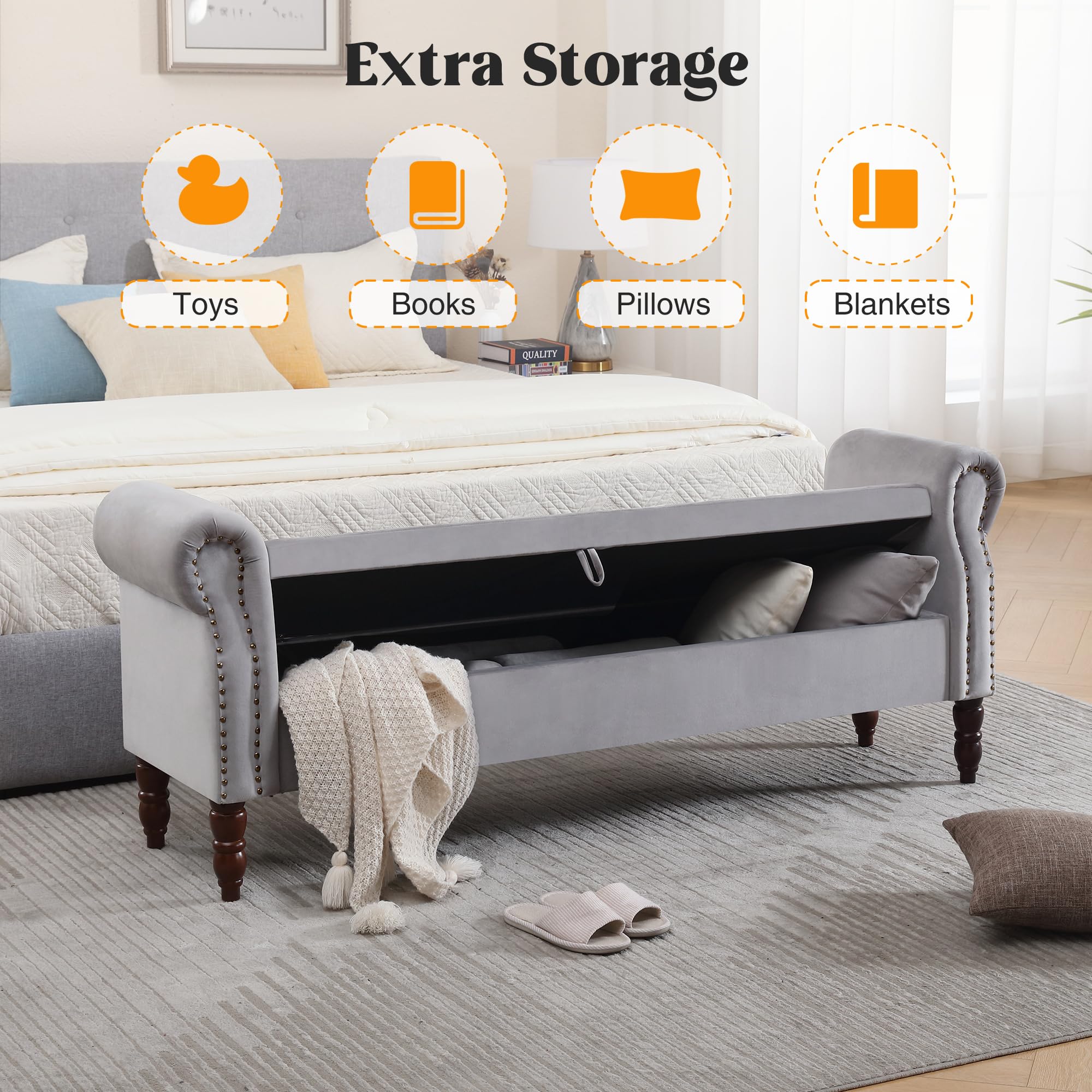 Storage Bench for Bedroom, 67" End of Bed Bench King Size, Velvet Bedroom Bench with Storage, Upholstered Tufted Storage Ottoman Benches with Arms for Bedroom, Entryway, Living Room, Beige