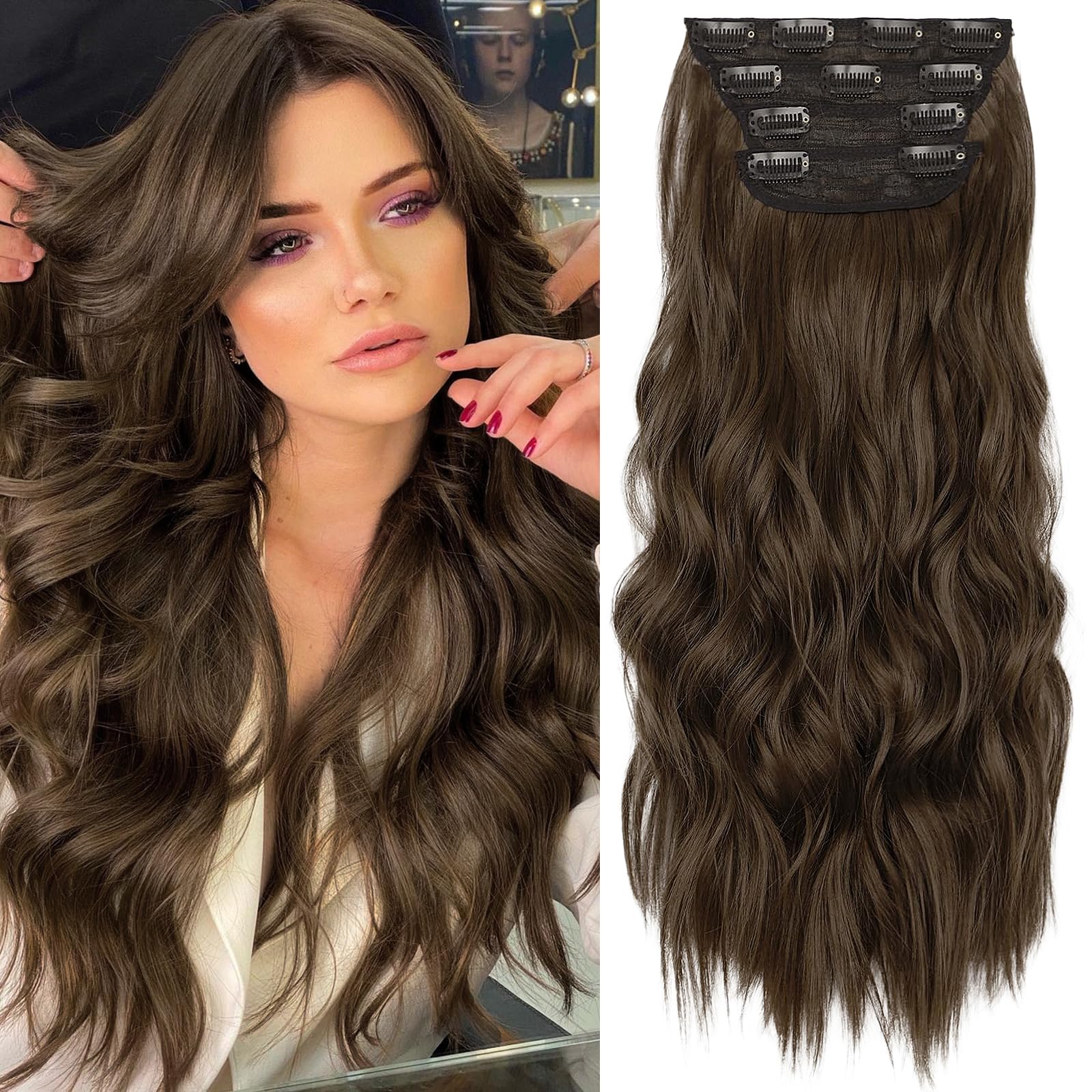 KooKaStyle Clip in Synthetic Hair Extensions Long Wavy 4PCS Thick Hairpieces Balayage Chocolate Brown to Caramel Blonde 10H26 Fiber Double Weft Natural Hair Extensions 16 Inch for Women