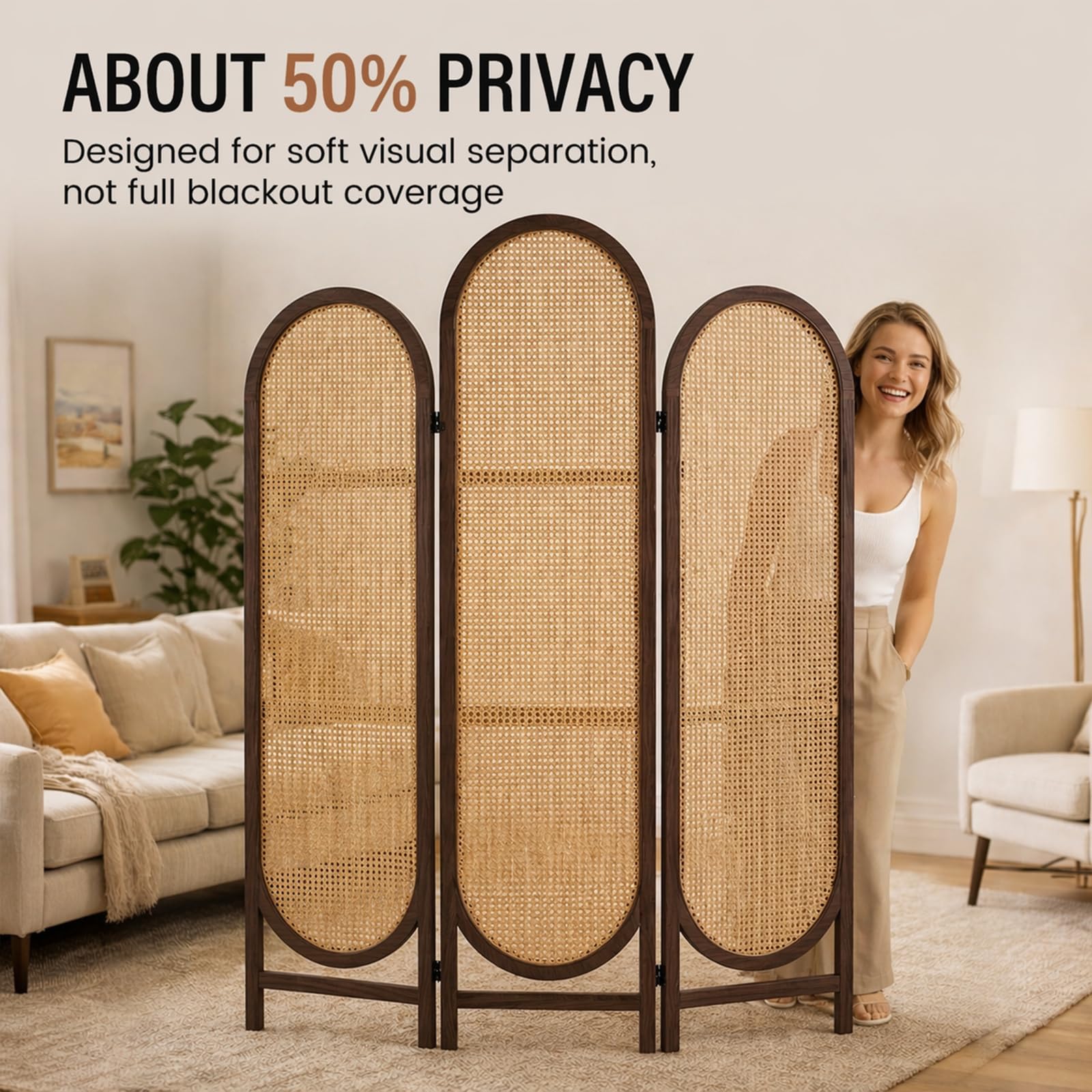 Hand-Woven Rattan Room Divider 3 Panels, 5.9 Ft Tall Wood Room Divider Panel, Partition Screen Divider Wall, Folding Privacy Screen, Wall Divider for Room Separation Home Office - Black