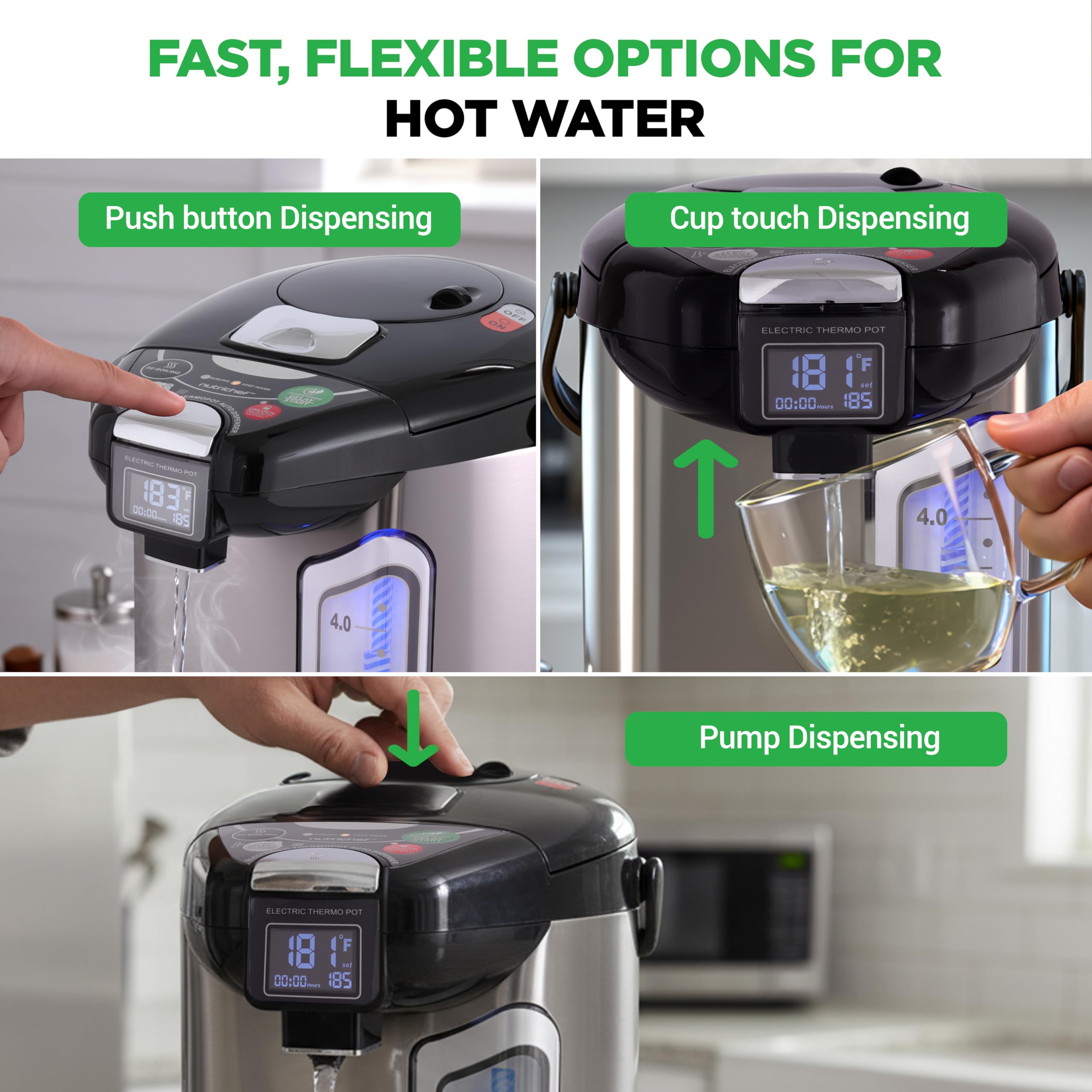 NutriChef Digital Water Boiler and Warmer - 3L/3.17 Qt Stainless Electric Hot Water Dispenser w/ LCD Display, Rotating Base, Keep Warm, Auto Shut Off, Safety Lock, Instant Heating for Coffee & Tea