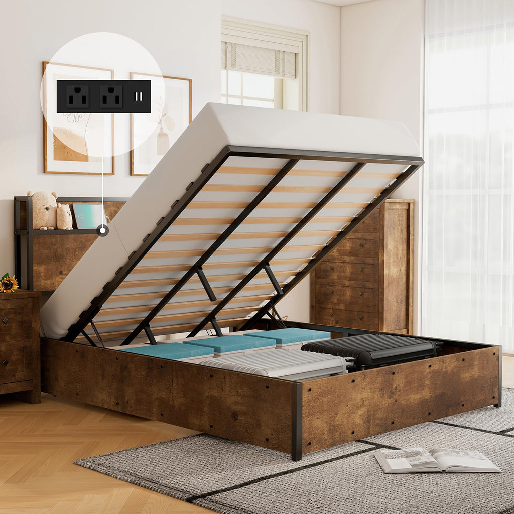 LUXOAK Full Size Lift Up Storage Bed, Wood Platform Bed Frame with Storage Headboard & Charging Station, No Box Spring Needed, Easy Assembly, Black