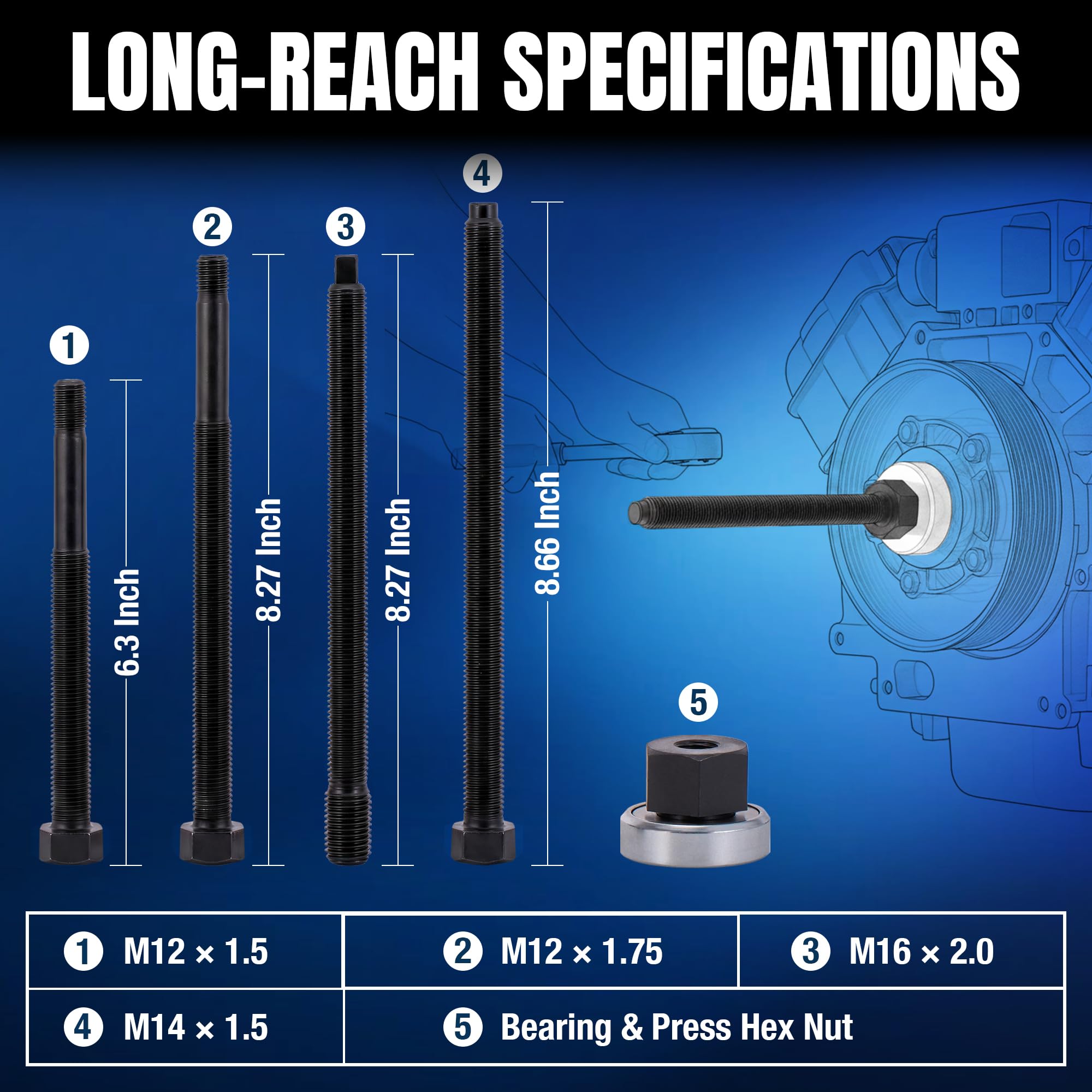 Thorstone 5pcs Harmonic Balancer Installer Set | 5pc Long Reach Crank Pulley Underdrive Pulley Damper Installation Tool Kit with 4 Adapters & Nut Bearing
