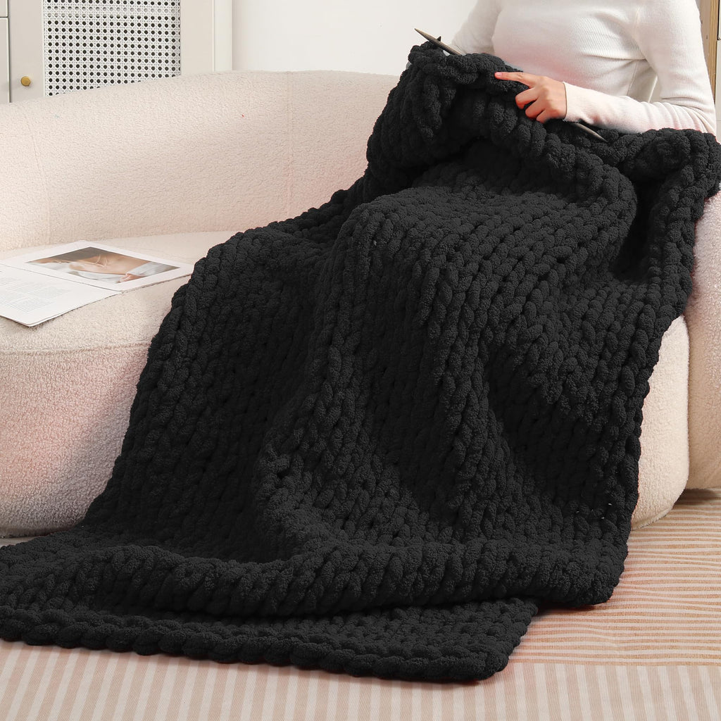 Chunky Chenille Yarn for Hand Knitting 8 Jumbo Pack Jumbo Chunky Yarn for Hand Soft Blanket Knitting, Bulky Thick Fluffy Yarn for Crocheting (Black)