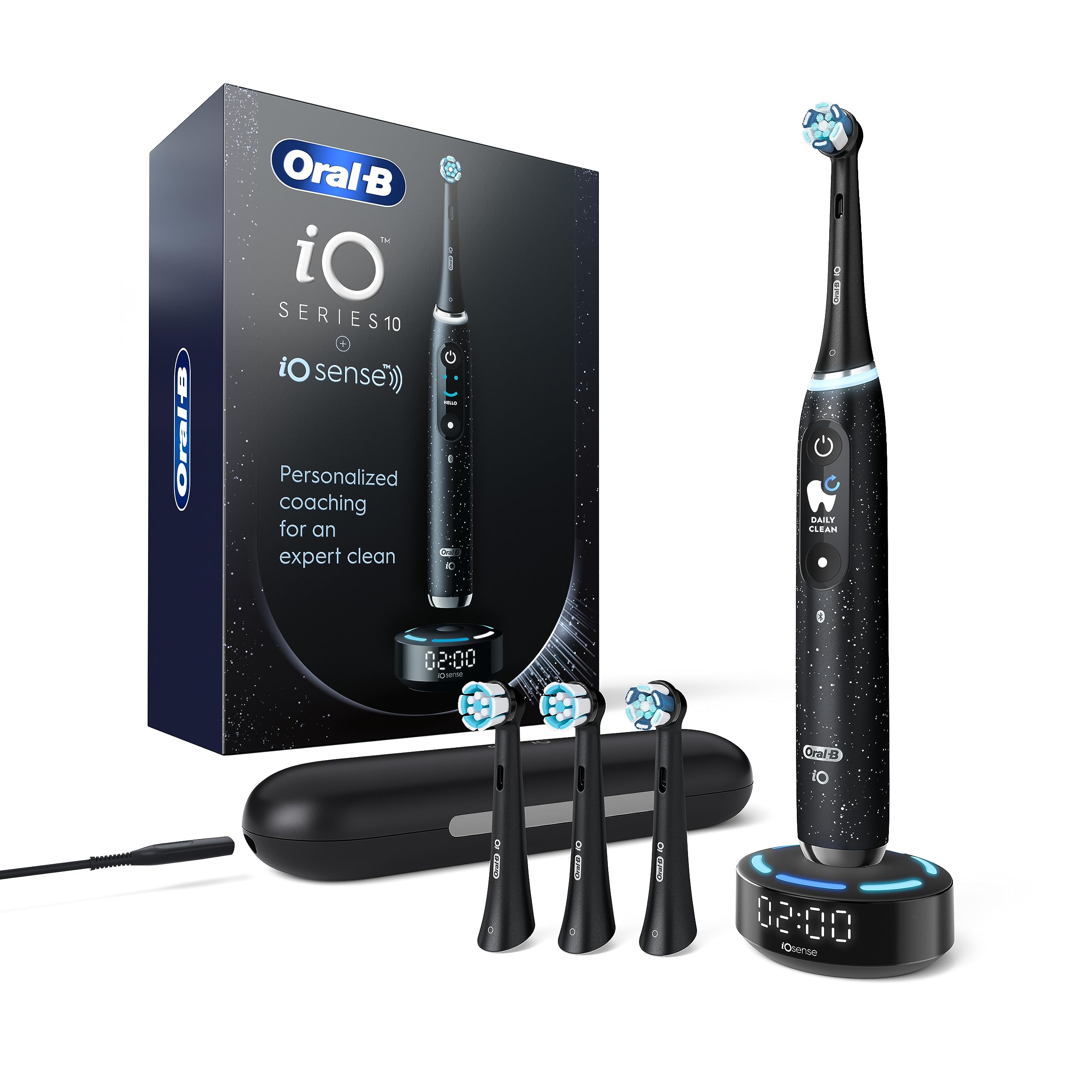Oral-B Rechargeable Electric Toothbrush, iO10 Ultimate Clean, 7 Cleaning Modes, Interactive Display, iSense Charger, Charging Travel Case, 4 Brush Heads, Rechargeable Toothbrush, Black