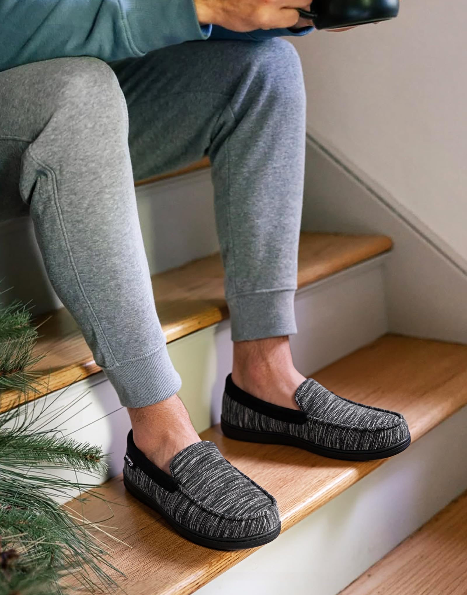 HomeTop Men's Comfort Memory Foam Moccasin Slippers, Breathable Cotton Knit Terry Cloth House Shoes for Indoor Outdoor