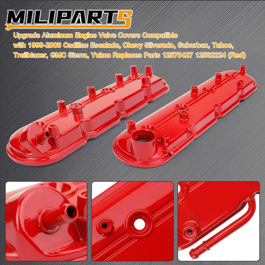 Upgrade Aluminum Engine Valve Covers Compatible with 1999-2008 Cadillac Escalade Chevy Silverado, Suburban Tahoe Trailblazer GMC Sierra Yukon Replaces Parts 12570427 12582224
