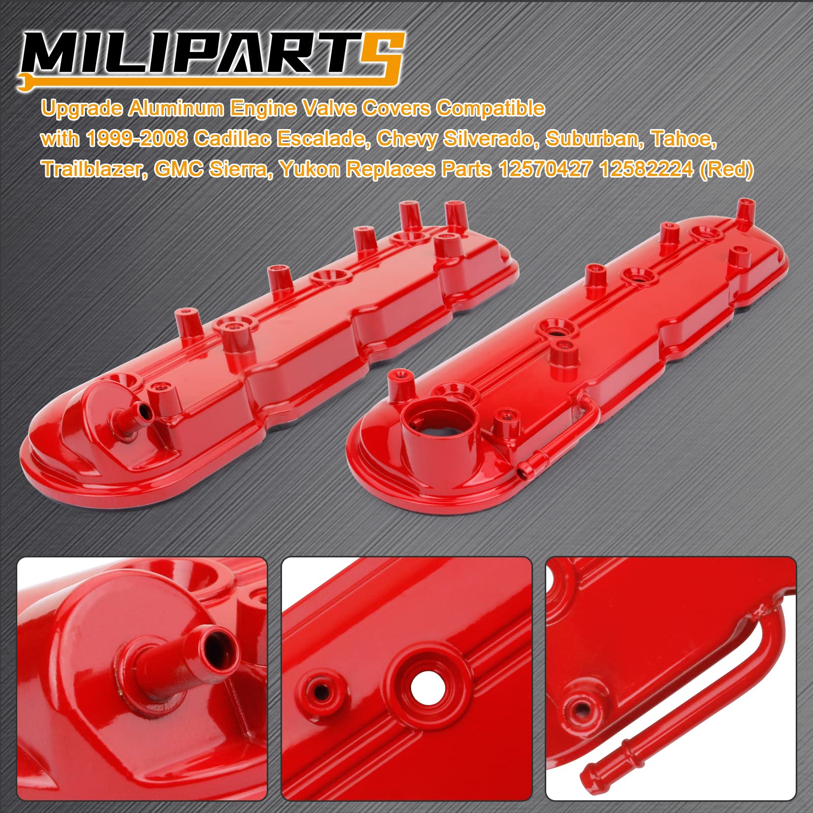 Upgrade Aluminum Engine Valve Covers Compatible with 1999-2008 Cadillac Escalade Chevy Silverado, Suburban Tahoe Trailblazer GMC Sierra Yukon Replaces Parts 12570427 12582224
