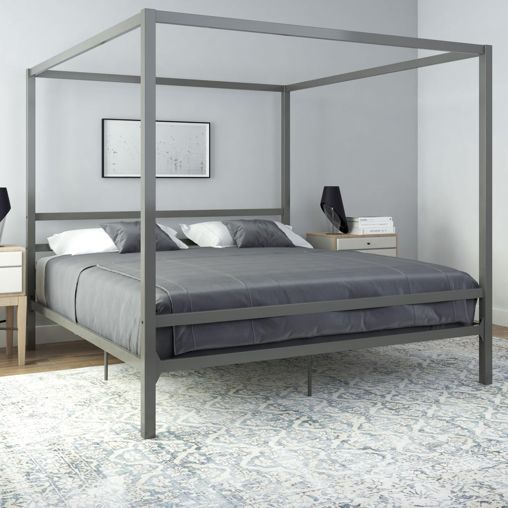DHP King Metal Canopy Bed, Modern Design with Built-In Headboard, Sturdy Frame, No Box Spring Needed, Gunmetal Gray