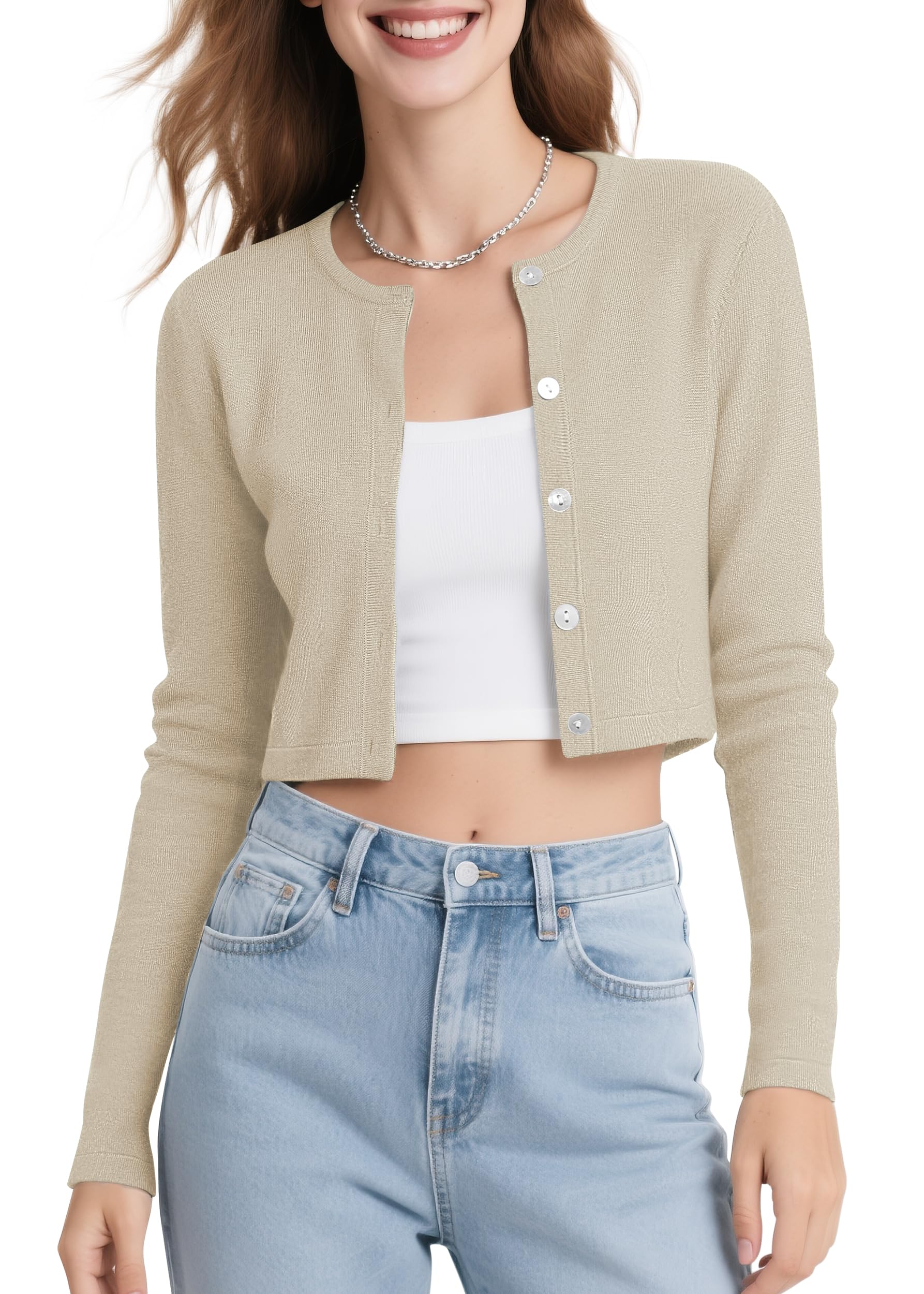 Urban CoCo Women's Long Sleeve Button Up Cropped Cardigan Sweaters for Women Crew Neck Short Bolero Shrug for Dresses
