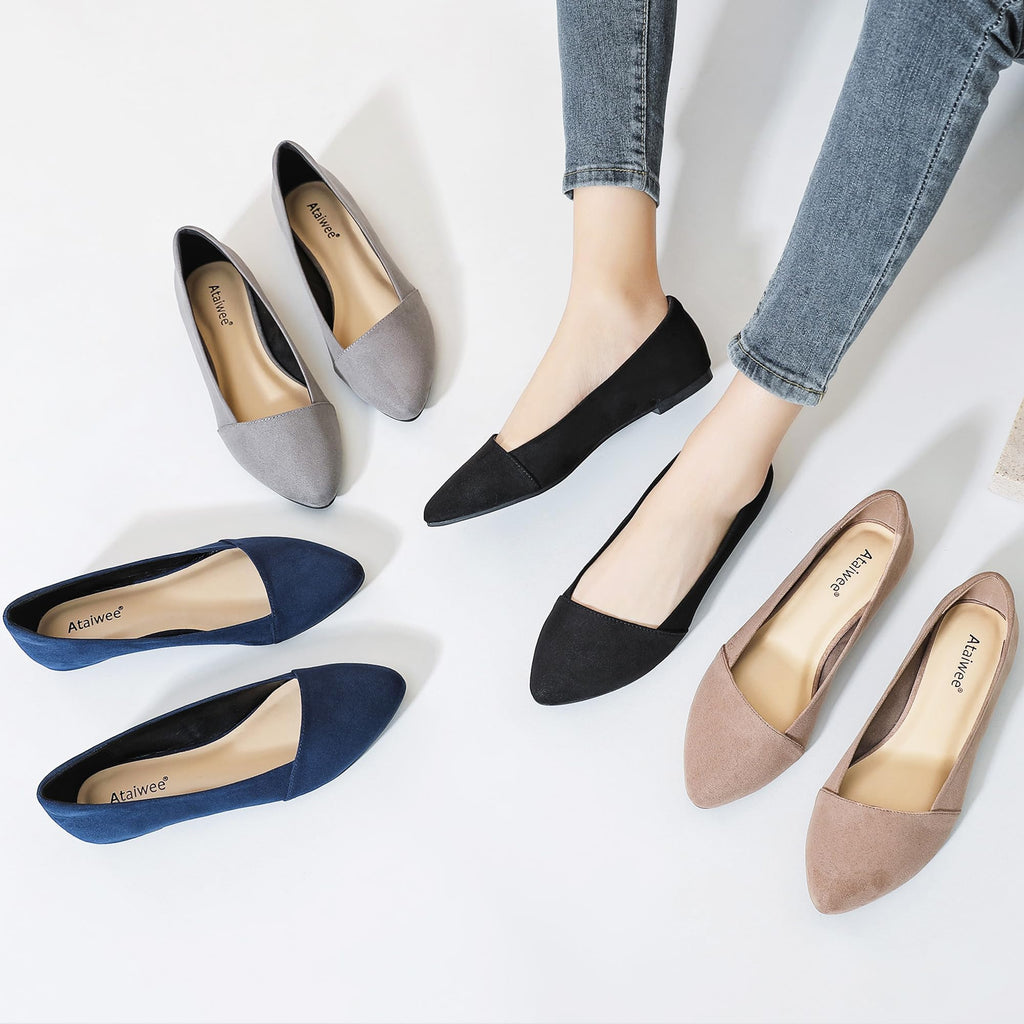 Ataiwee Women's Wide Width Ballet Flats - Stylish Pointed Toe Suede, Soft Comfortable Non-slip Sole.
