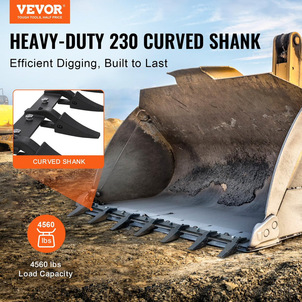 VEVOR Bucket Tooth Bar, 48'', Heavy Duty Tractor Bucket 6 Teeth Bar for Loader Tractor Skidsteer, 4560 lbs Load-Bearing Capacity Bolt On Design, for Efficient Soil Excavation and Bucket Protection