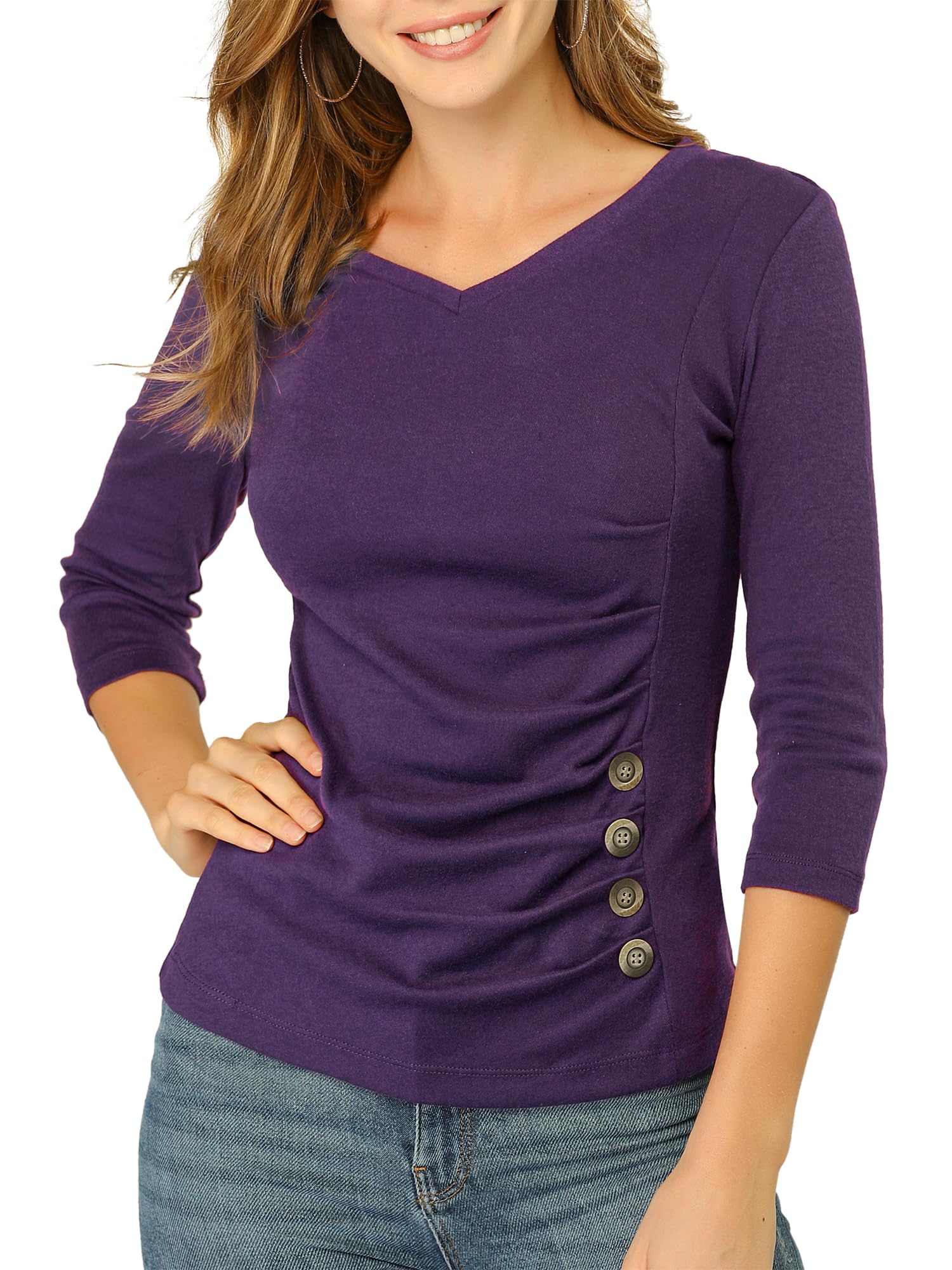 Allegra K Women's V Neck Tops 3/4 Sleeves Solid Knitted Buttons Decor Ruched Blouse