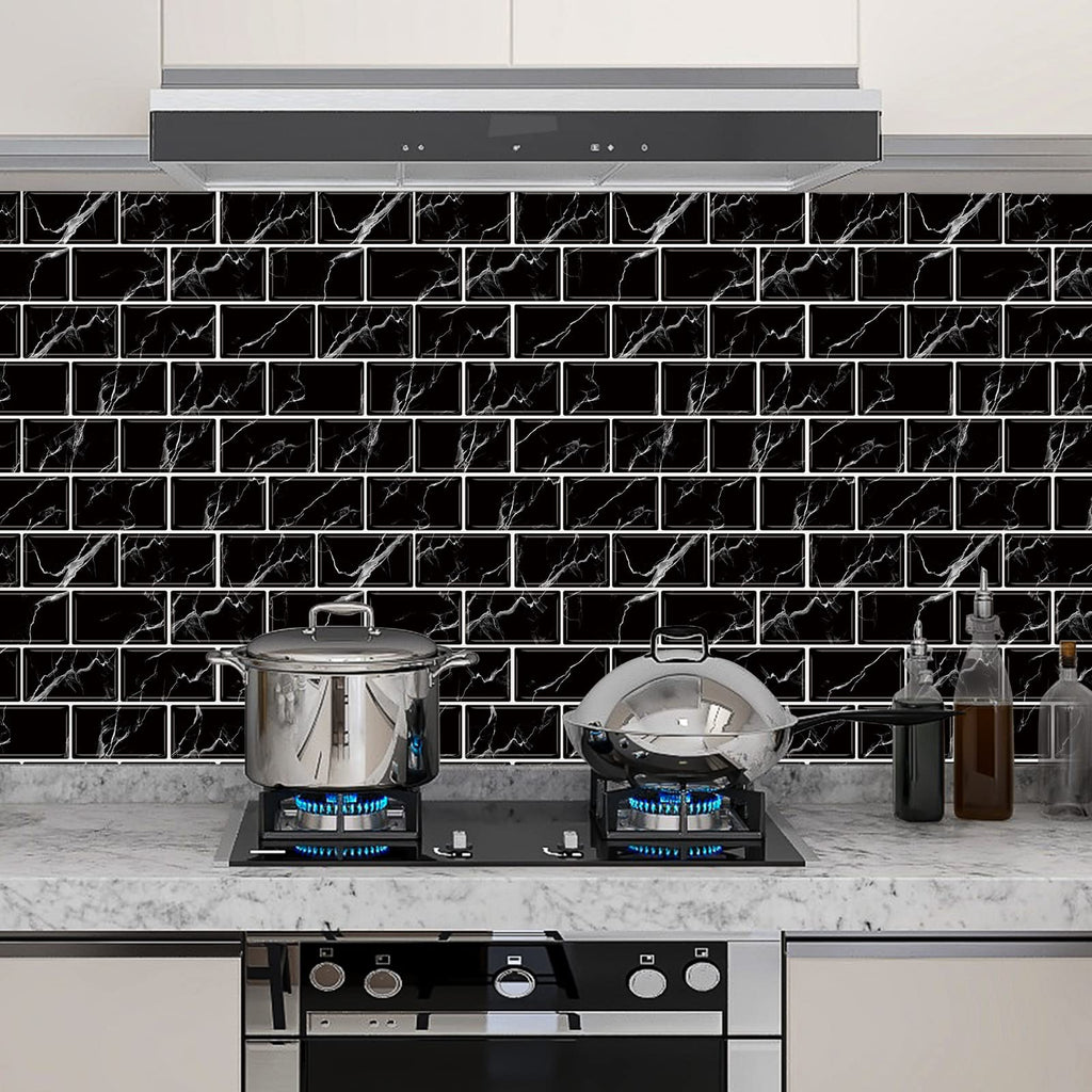 URCOLOR 10-Sheet Back Splashes for Kitchens Peel and Stick,12"x12" Self Adhesive Subway Wall Tiles Stick on backsplash Tiles for Bathroom Black Marble