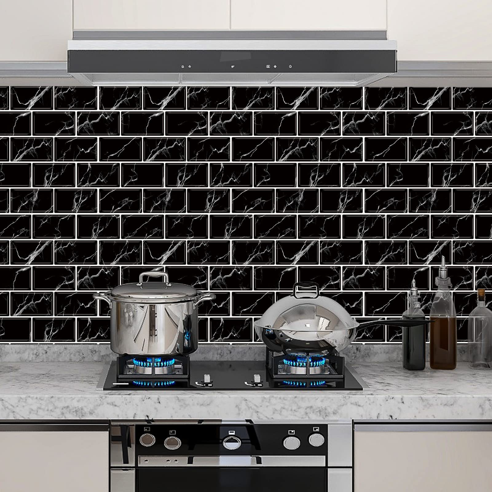 URCOLOR 10-Sheet Back Splashes for Kitchens Peel and Stick,12"x12" Self Adhesive Subway Wall Tiles Stick on backsplash Tiles for Bathroom Black Marble