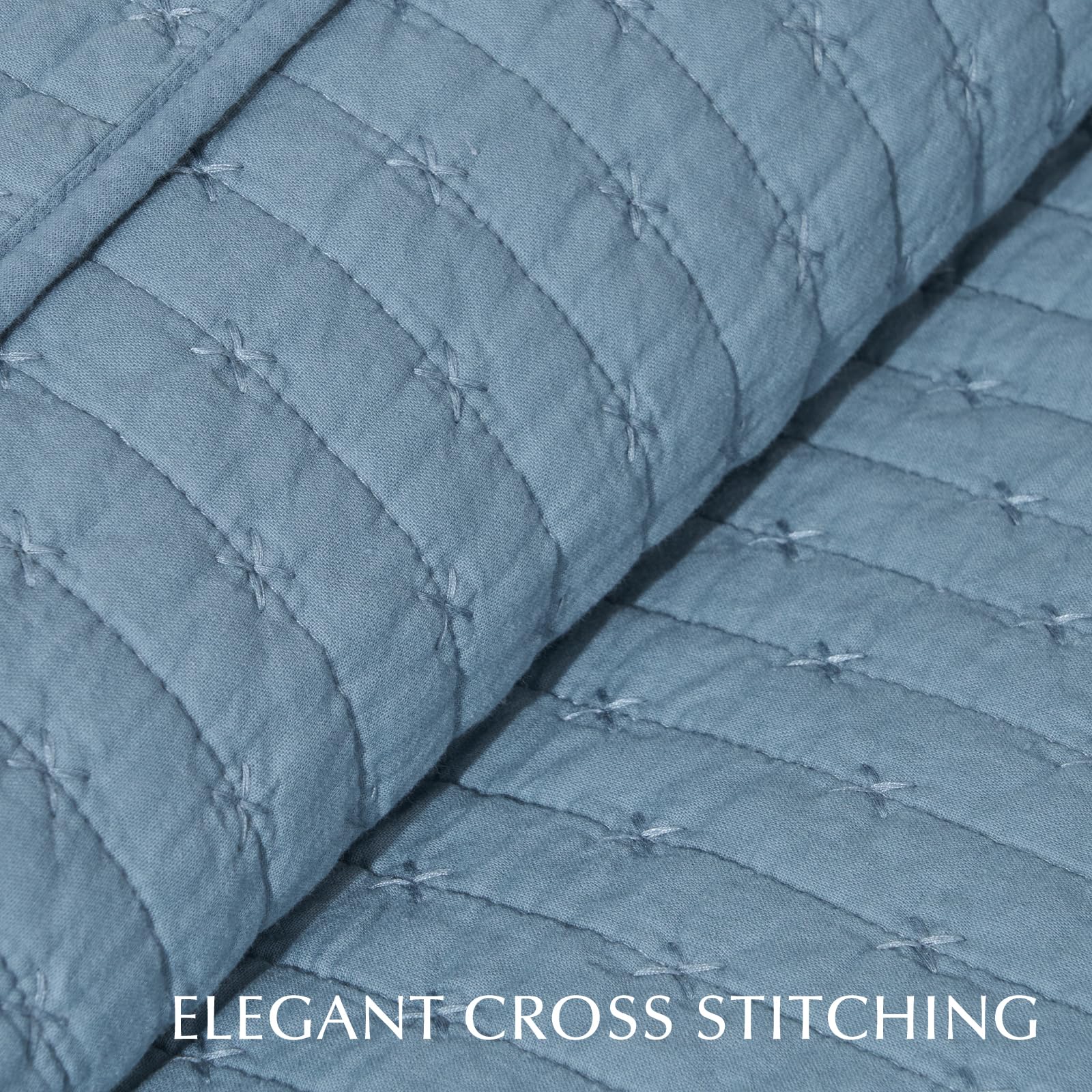 EVERGRACE Cotton Border Frame Tack-Stitch Quilt Bedding Set Queen Size, Coastal Oversized 3 Pieces Lightweight Bedspread Coverlet for All Season, with 2 Matching Shams, Blue Linen