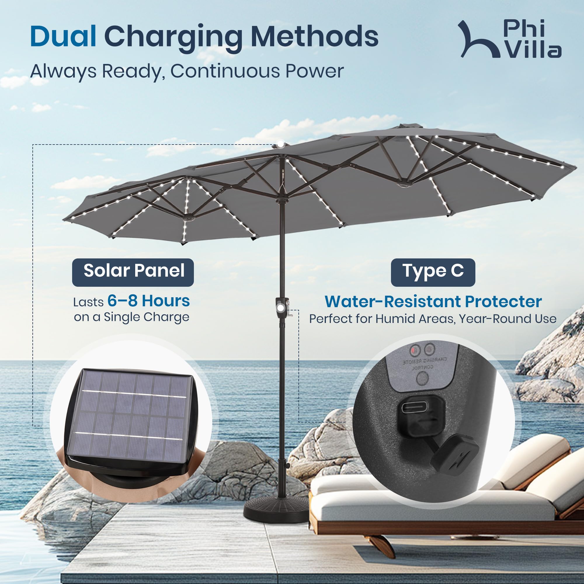 PHI VILLA 13ft Patio Umbrella with Solar-Powered 120 PCS LED Color-Changing Lights, Triple-Head Large Rectangle Umbrella Outdoor Patio for Table with Crank Lift,Beige(No Base)